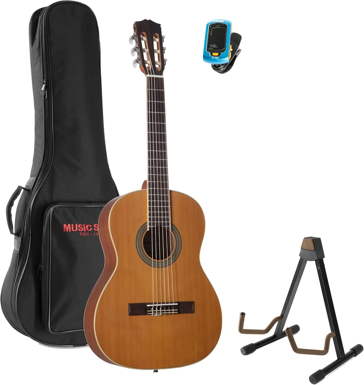 ست گیتار کلاسیک 4/3 Fame، صفحه سدر، بدنه ماهون، صفحه انگشت‌گذاری رزوود، شامل کیف، تیونر، پایه گیتار