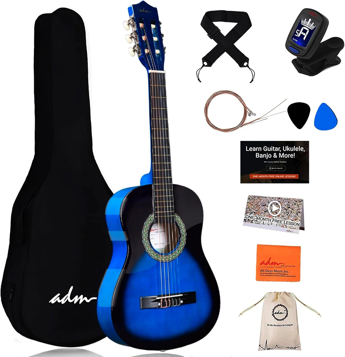 ست گیتار کنسرت بچه گانه ای دی ام 1/2، 86.4 سانتی متر، ست گیتار مبتدی جونیور با کیف، تیونر، بند، پیک، سیم های اضافی، کیف نگهداری و پارچه تمیز کننده (آبی هلویی)
