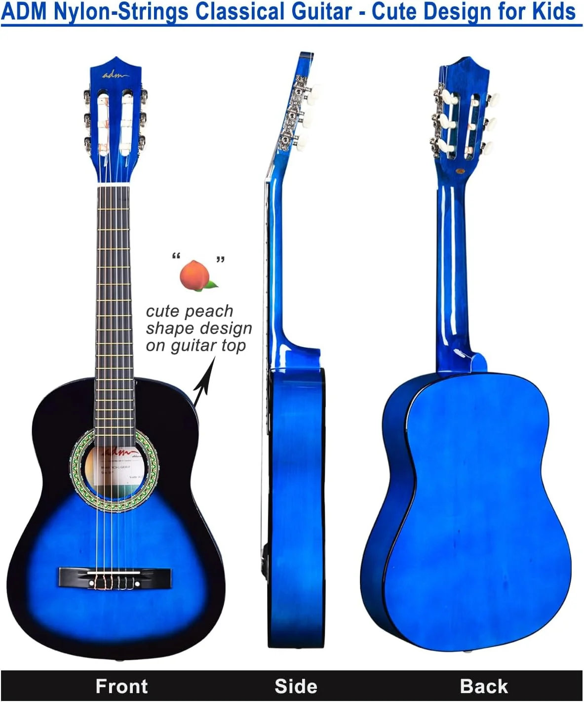 ست گیتار کنسرت بچه گانه ای دی ام 1/2، 86.4 سانتی متر، ست گیتار مبتدی جونیور با کیف، تیونر، بند، پیک، سیم های اضافی، کیف نگهداری و پارچه تمیز کننده (آبی هلویی)