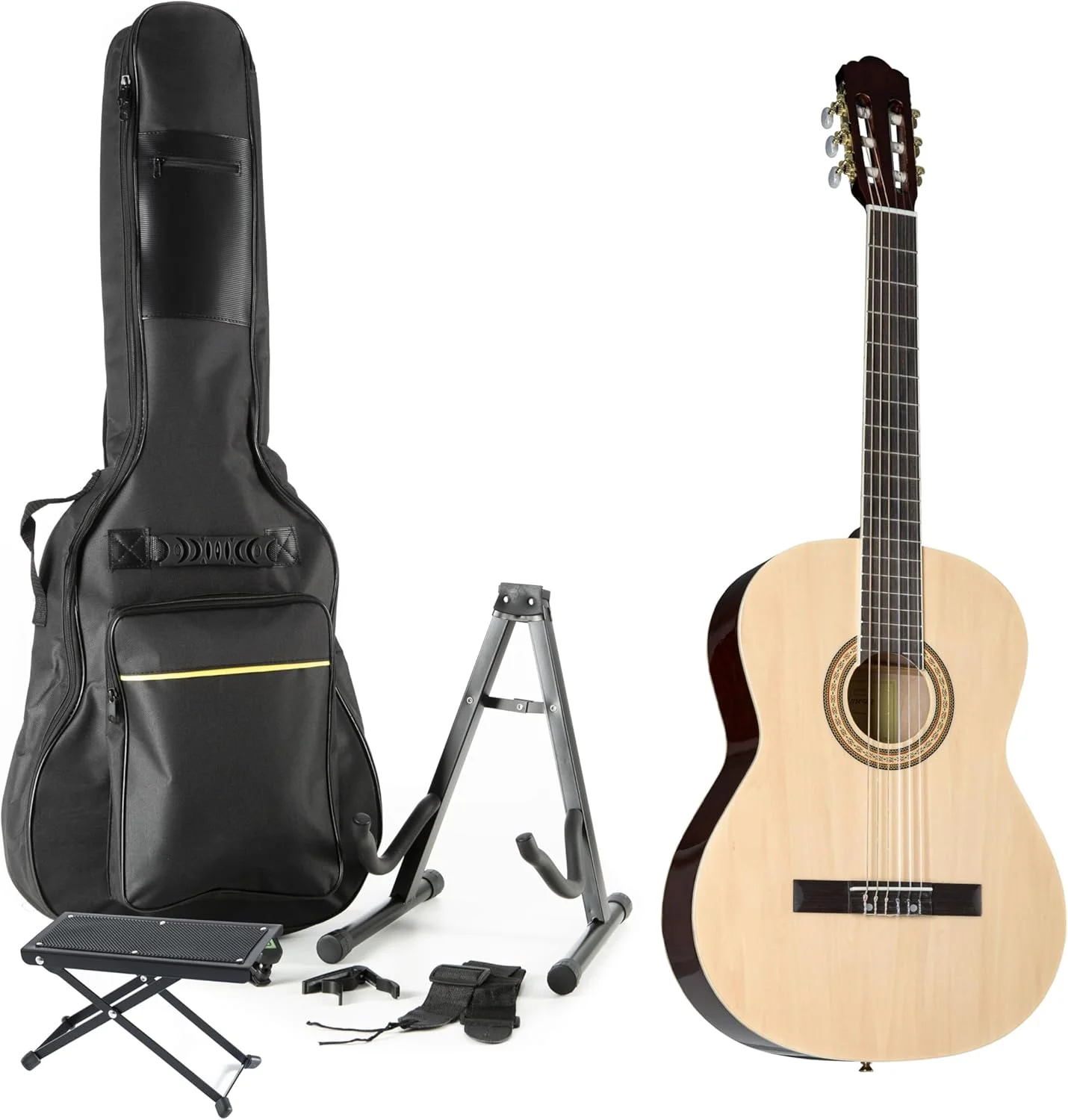 ست گیتار کلاسیک آلمریا، گیتار 4/4 به همراه لوازم جانبی، پرداخت براق، دسته چوب سخت منتخب، صفحه انگشت‌گذاری کامپوزیت، 19 فرت، سخت‌افزار طلایی