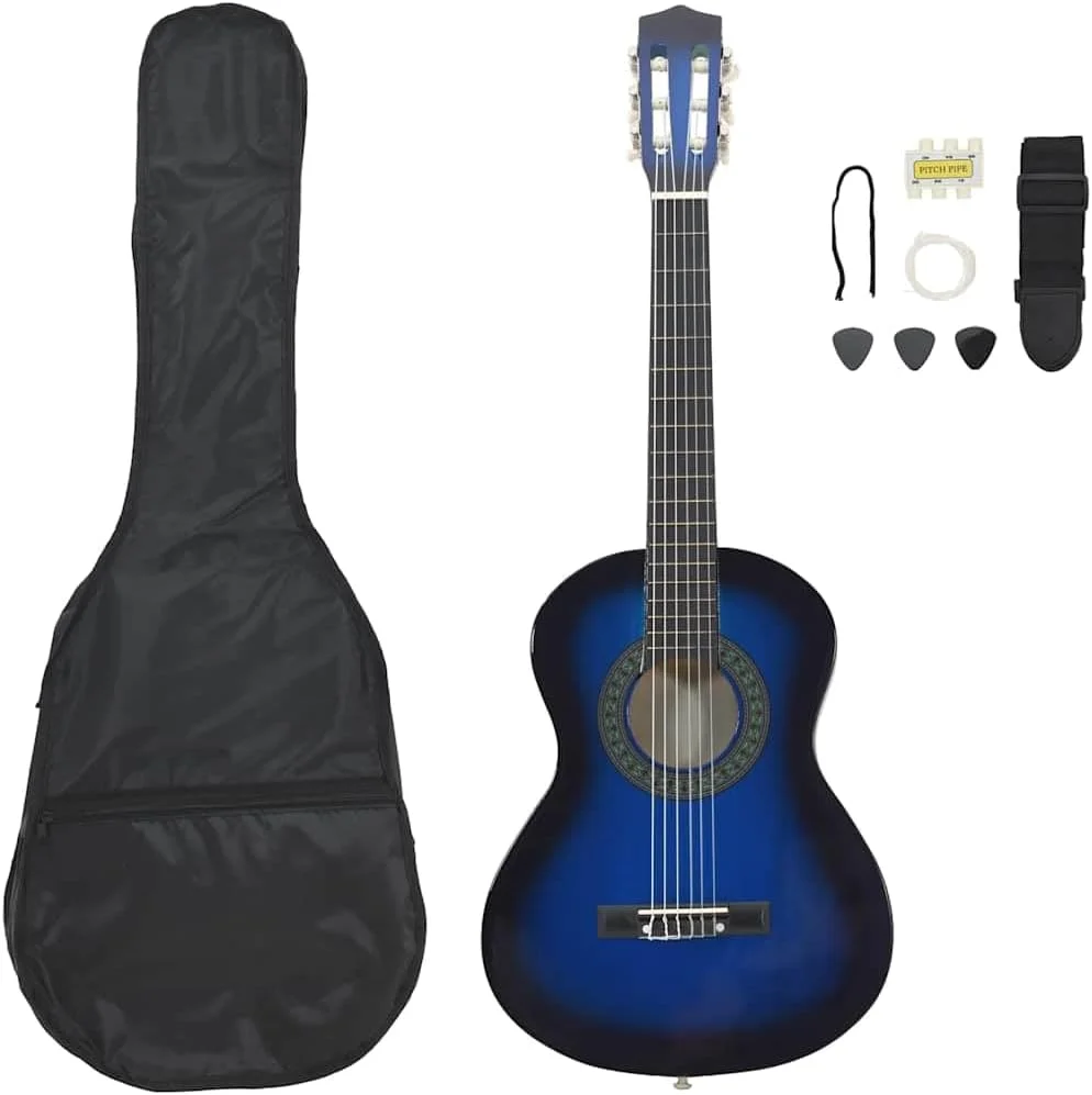 ست گیتار کلاسیک vidaXL، ۸ تکه، مناسب نوازندگان مبتدی و آماتور، گیتار کلاسیک، گیتار کنسرت، ساز زهی، آلت موسیقی، آبی، سایز 1/2، 34 اینچ