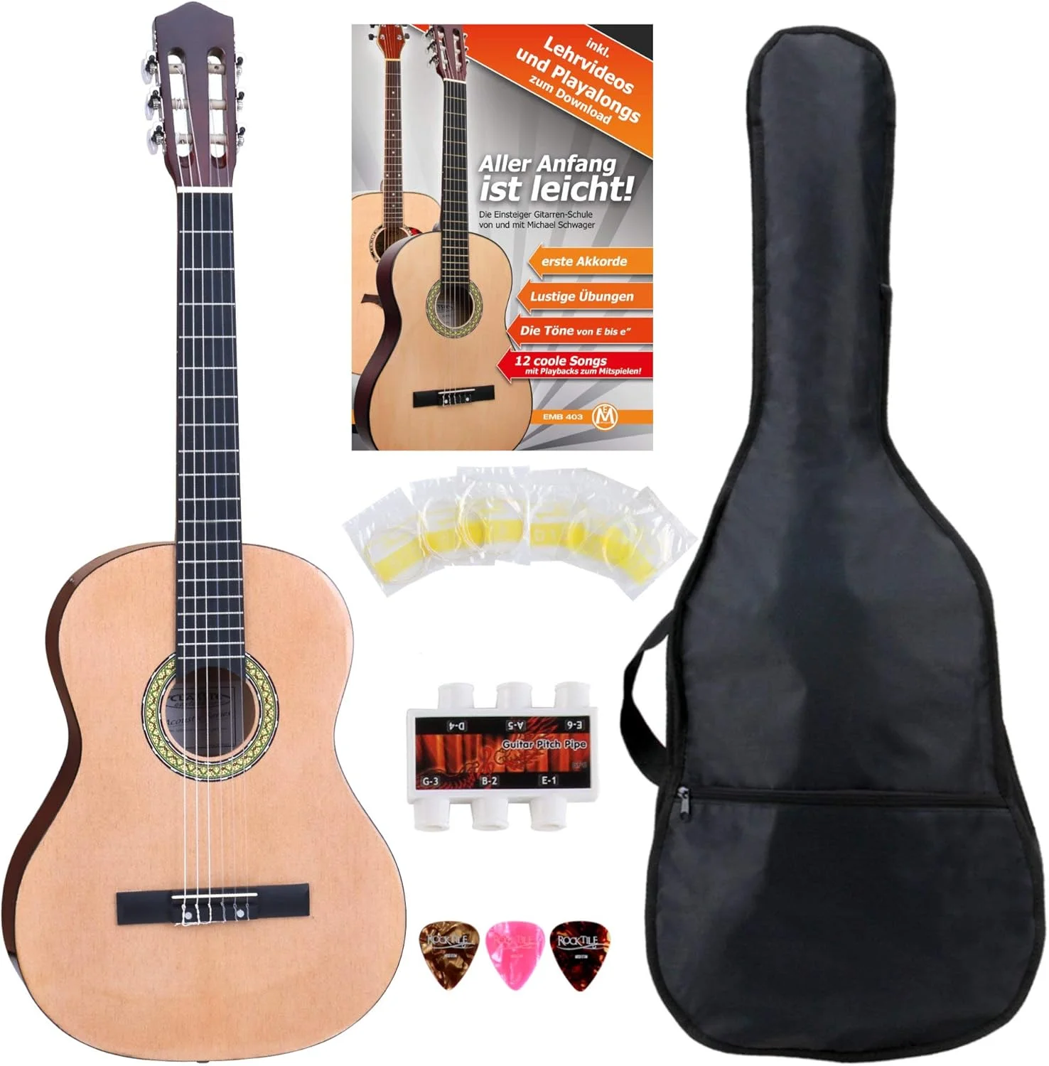 ست آغازین گیتار کلاسیک کنسرت Classic Cantabile AS-861 سایز 1/2 (گیتار کلاسیک آکوستیک، مناسب برای کودکان 5 تا 9 سال، کیف، سیم، نت، پیک، دیاپازون) رنگ طبیعی