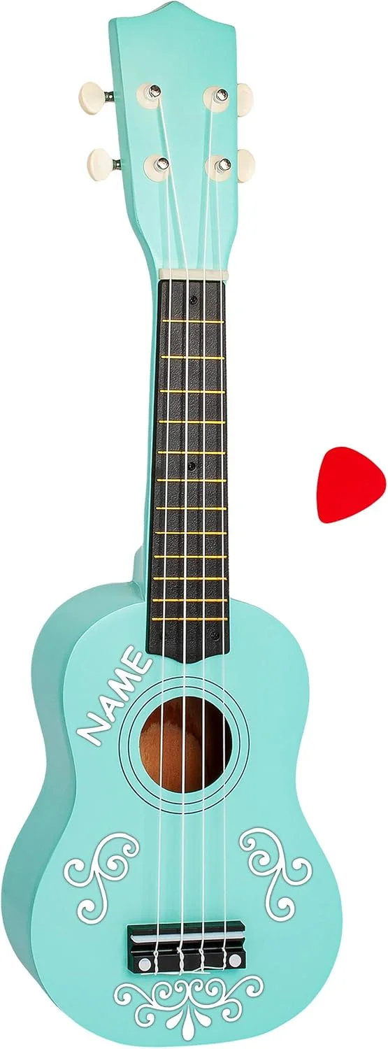 گیتار/یوکللی کودکانه - ساخته شده از چوب - انتخاب طرح و رنگ - آبی فیروزه ای و پیچک سفید - شامل نام - گیتار کنسرت با کیفیت بالا - 55 سانتی متر - کلاسیک - آکوستیک...