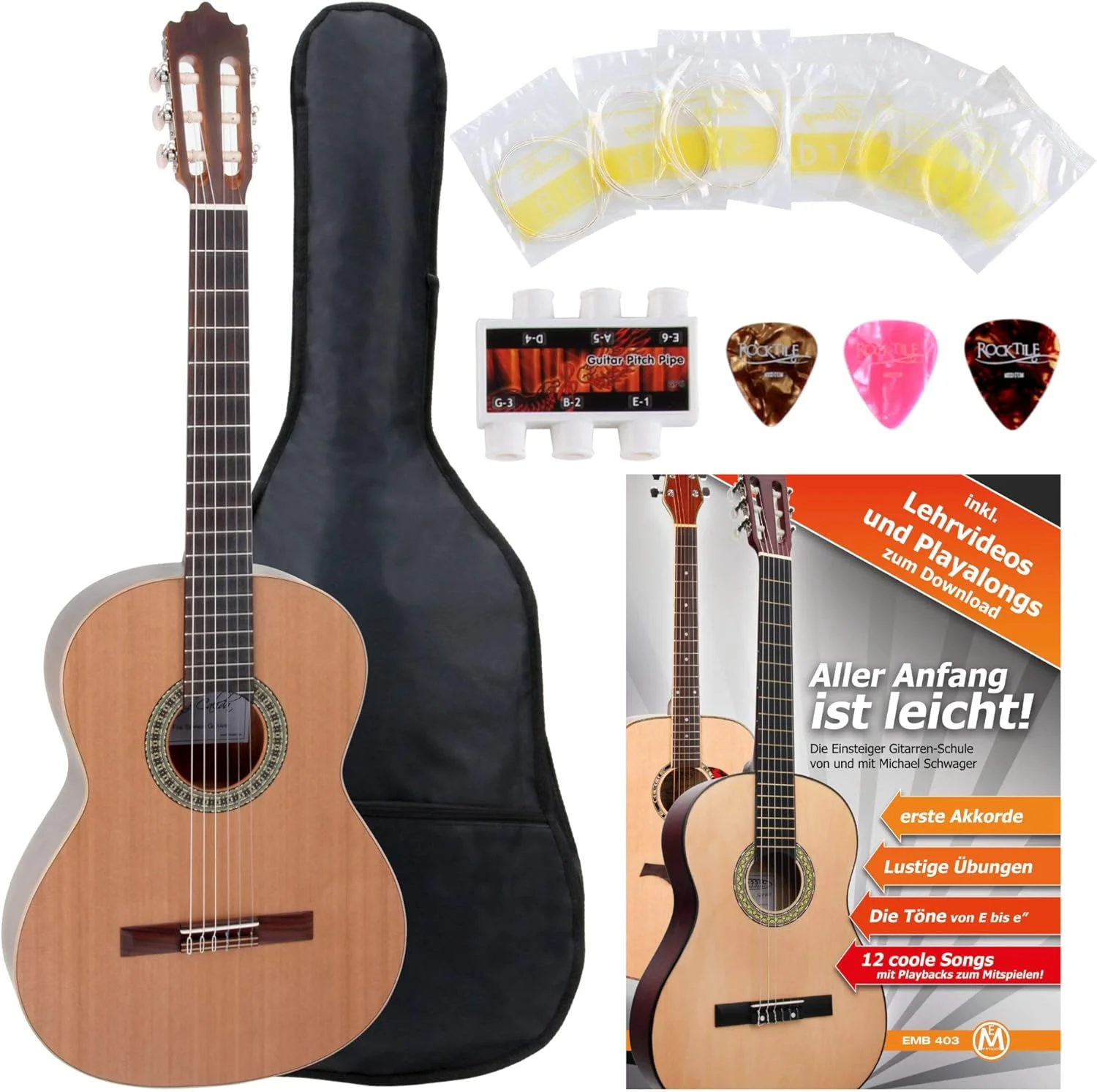 ست گیتار کلاسیک GC201S سایز 4/4 به همراه مجموعه لوازم جانبی 5 تکه (صفحه رویی یکپارچه سدر، دسته ماهون، طول دسته 654 میلی متر، شامل کیف، کتاب آموزش، سیم، پیک، کوک)