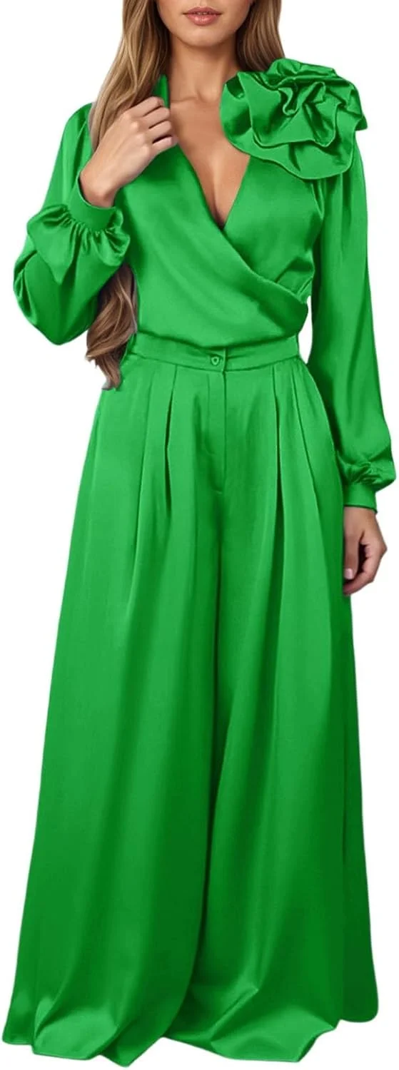 ست مجلل و شیک زنانه شامل بلوز آستین بلند ساتن یقه هفت و شلوار پاچه گشاد