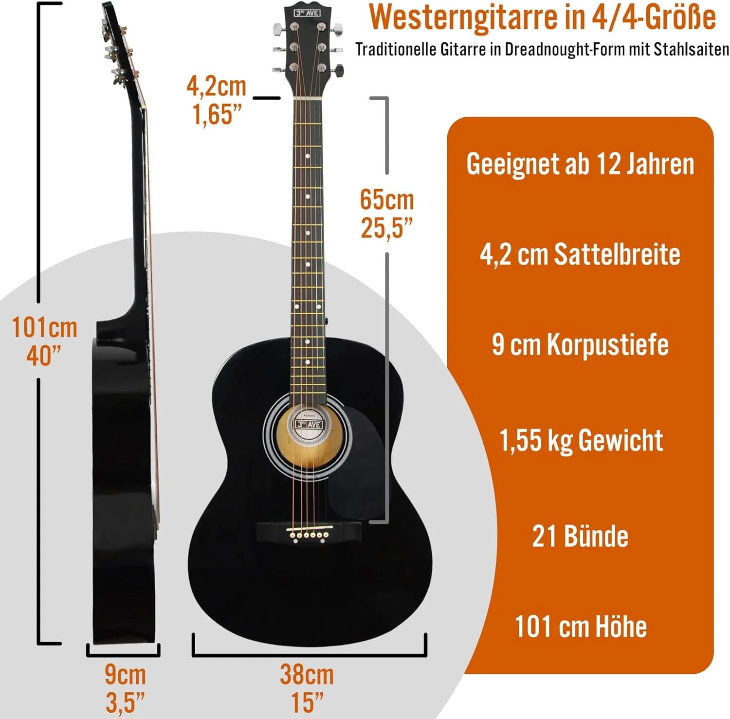 مجموعه گیتار آکوستیک 4/4 Third Avenue با سیم های فولادی، برای مبتدیان - 6 ماه آموزش رایگان، کیف، پیک و سیم های اضافی - مشکی