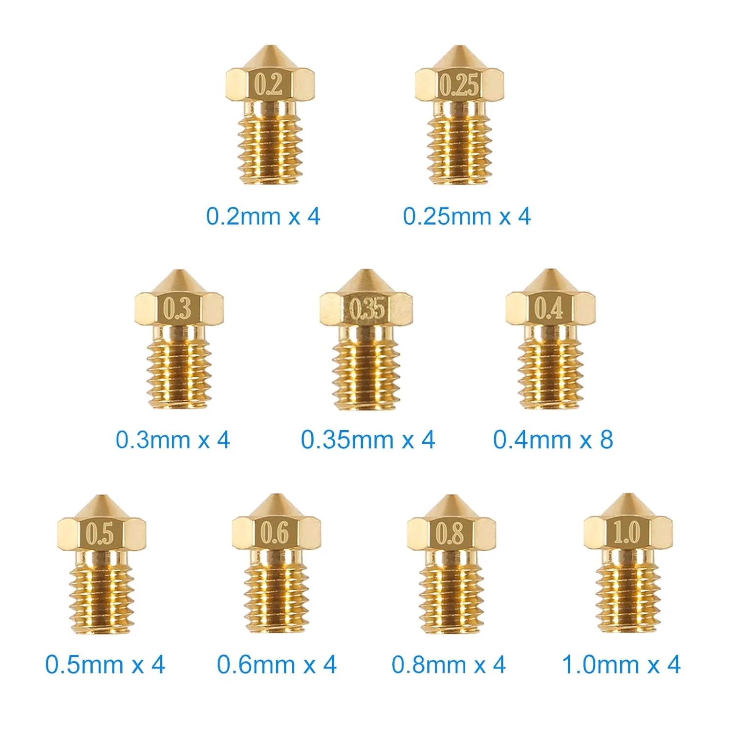40 عدد نازل اکسترودر E3D V5 V6 با اندازه های 0.2mm، 0.25mm، 0.3mm، 0.35mm، 0.4mm، 0.5mm، 0.6mm، 0.8mm، 1.0mm، نازل های برنجی پرینتر سه بعدی، هد چاپ اکسترودر برای فیلامنت 1.75mm مناسب برای پرینتر سه بعدی E3D V5-V6