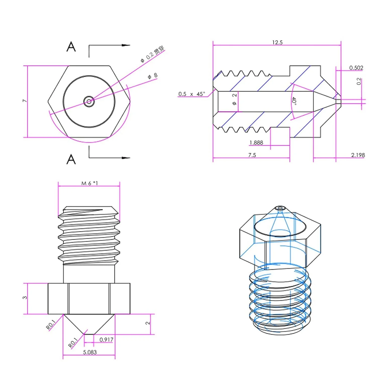 40 عدد نازل اکسترودر E3D V5 V6 با اندازه های 0.2mm، 0.25mm، 0.3mm، 0.35mm، 0.4mm، 0.5mm، 0.6mm، 0.8mm، 1.0mm، نازل های برنجی پرینتر سه بعدی، هد چاپ اکسترودر برای فیلامنت 1.75mm مناسب برای پرینتر سه بعدی E3D V5-V6