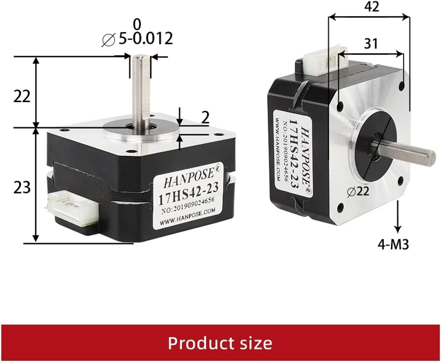 ۵ عدد موتور پله ای Nema17 مدل ۱۷HS4223 با ۴ سیم، ۰.۷ آمپر، ۱۴N.CM و طول ۲۳ میلی متر برای اکسترودر پرینتر سه بعدی و اکسترودر تیتان J-head bowden