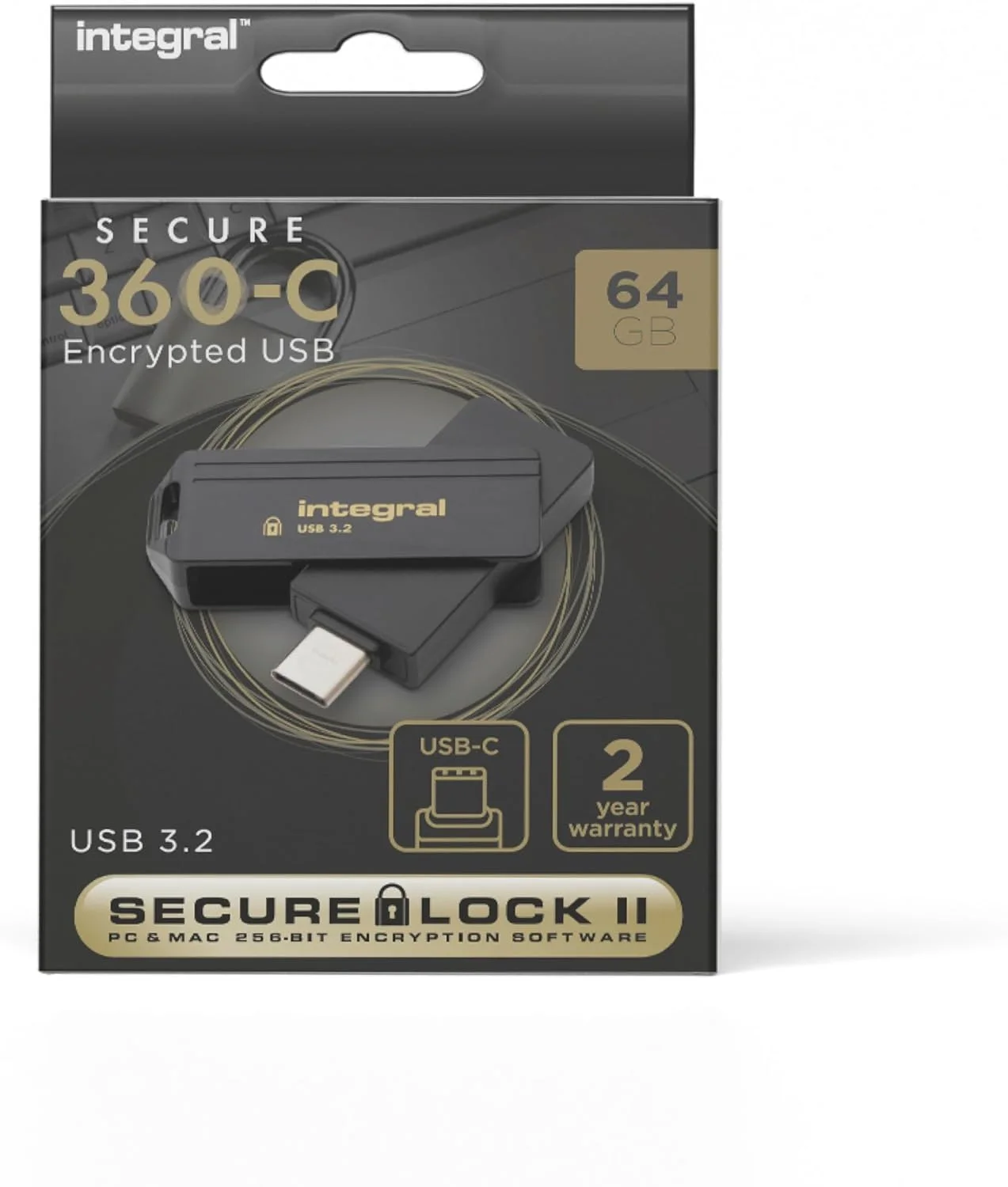 فلش مموری USB رمزگذاری شده نرم افزاری اینتگرال Secure 360-C با ظرفیت 64 گیگابایت - کانکتور USB-C - رمزگذاری AES 256 بیتی - سازگار با مک، مک بوک، کامپیوتر شخصی و لپ تاپ