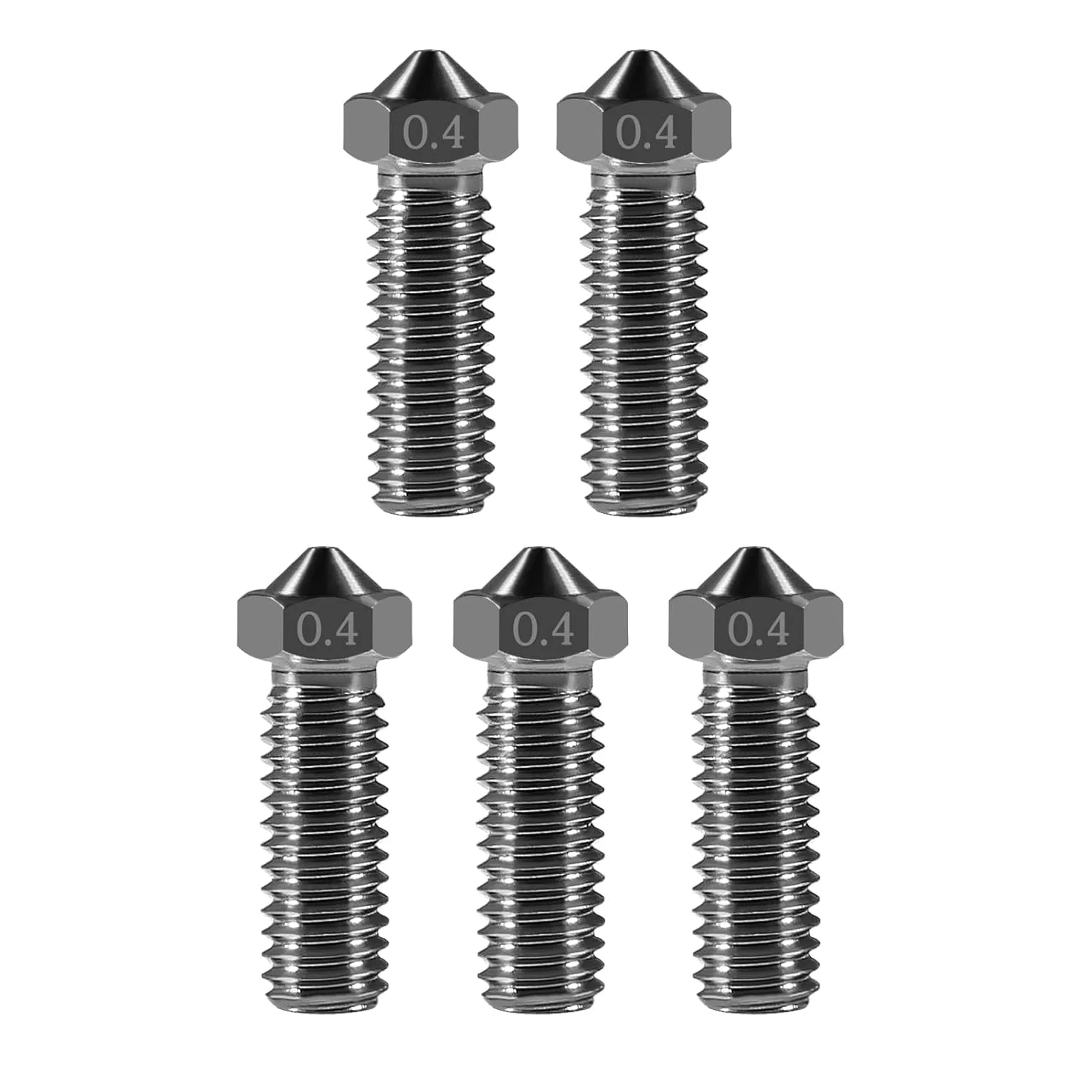 ۵ عدد نازل اکسترودر فولادی سخت شده ۰.۴ میلی متری، هد چاپ اکسترودر M6 با رزوه بلند ولکانو برای فیلامنت ۱.۷۵ میلی متری پرینتر سه بعدی E3D V5-V6