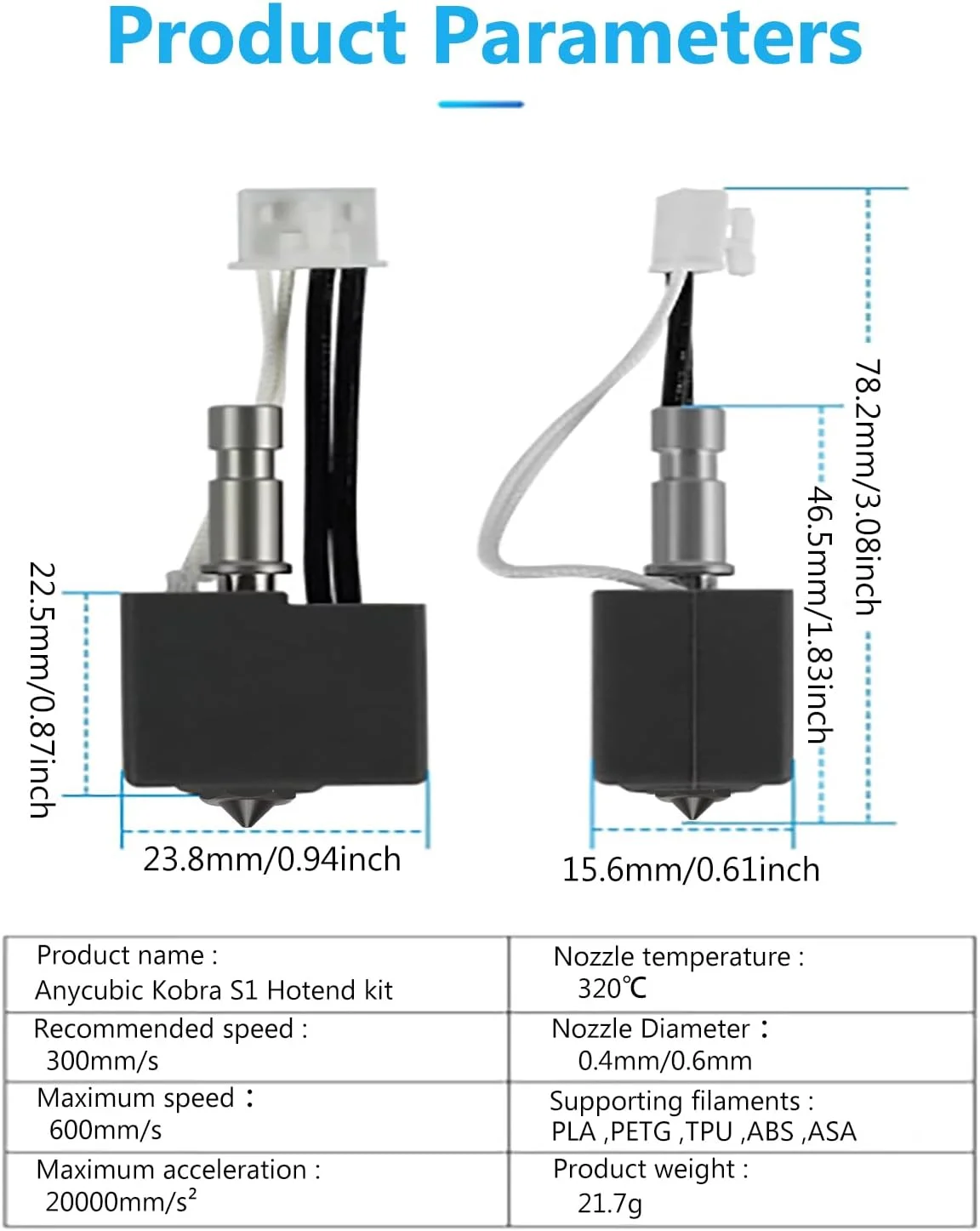 دو عدد هات‌اند برای Kobra S1 با نازل‌های فولادی سخت‌کاری شده 0.4mm+0.6mm، پرینتر سه بعدی Kobra S1 Combo/Kobra S1 Pro ACE، هد اکسترودر با کارتریج گرمکن، ترمیستور 200K، بلوک گرمکن، چاپ با سرعت بالا