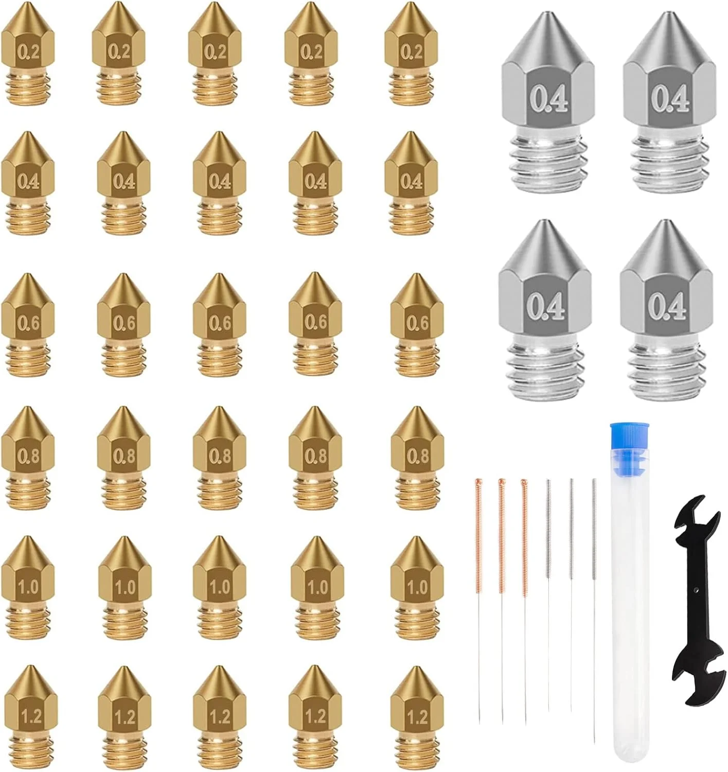 ۳۴ عدد نازل پرینتر سه بعدی MK8 در اندازه‌های 0.2MM-0.4MM-0.6MM-0.8MM-1.0MM-1.2MM (فولاد ضد زنگ، برنجی) سازگار با اکسترودر هات‌اند Creality Ender 3 Pro/CR-10