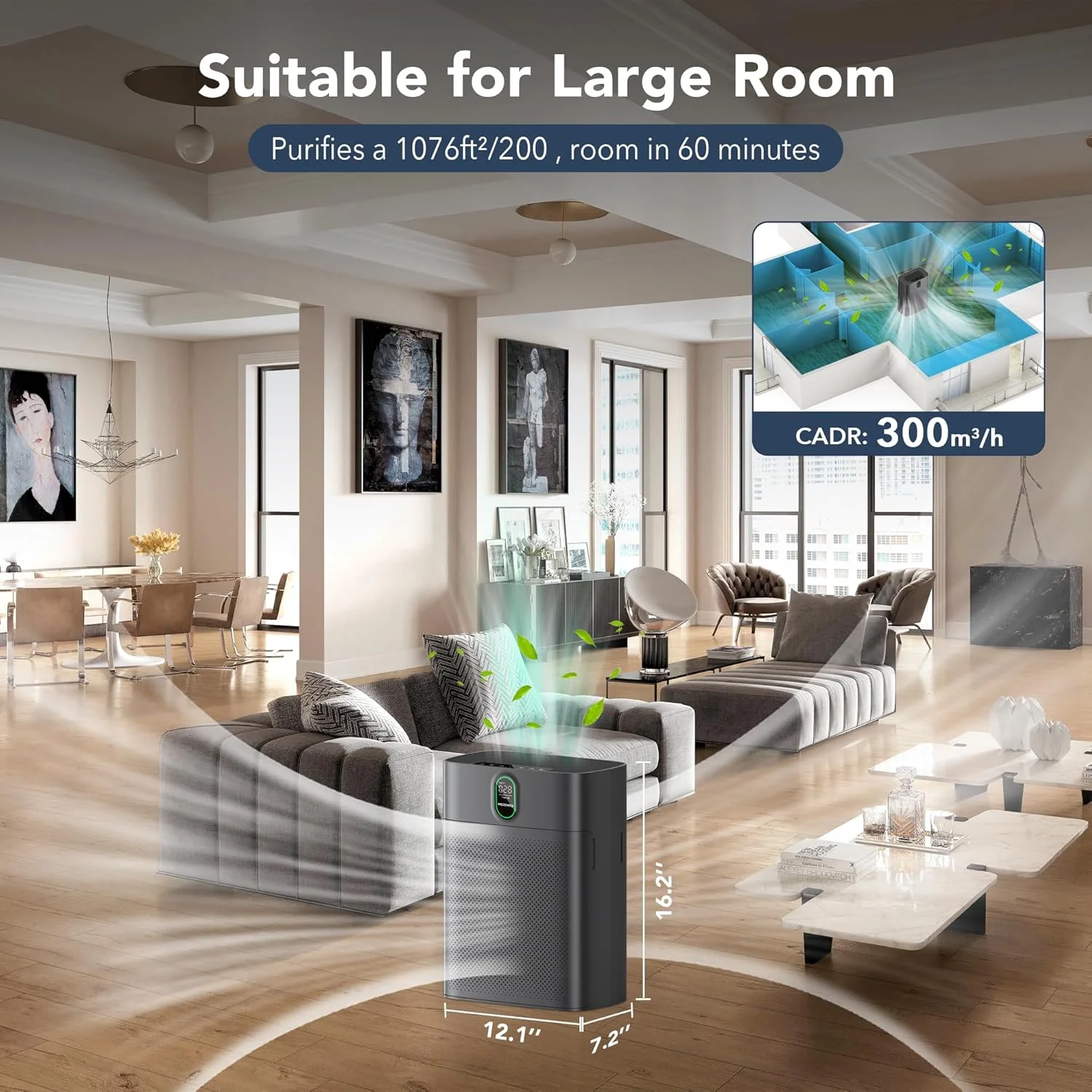 دستگاه تصفیه هوای مورنتو برای اتاق های بزرگ تا 100 متر مربع با نمایشگر PM 2.5 و سنسور کیفیت هوا برای موی حیوانات خانگی، ورودی هوای دو طرفه، 24 دسی بل، خاکستری، 1 عدد + 2 عدد فیلتر