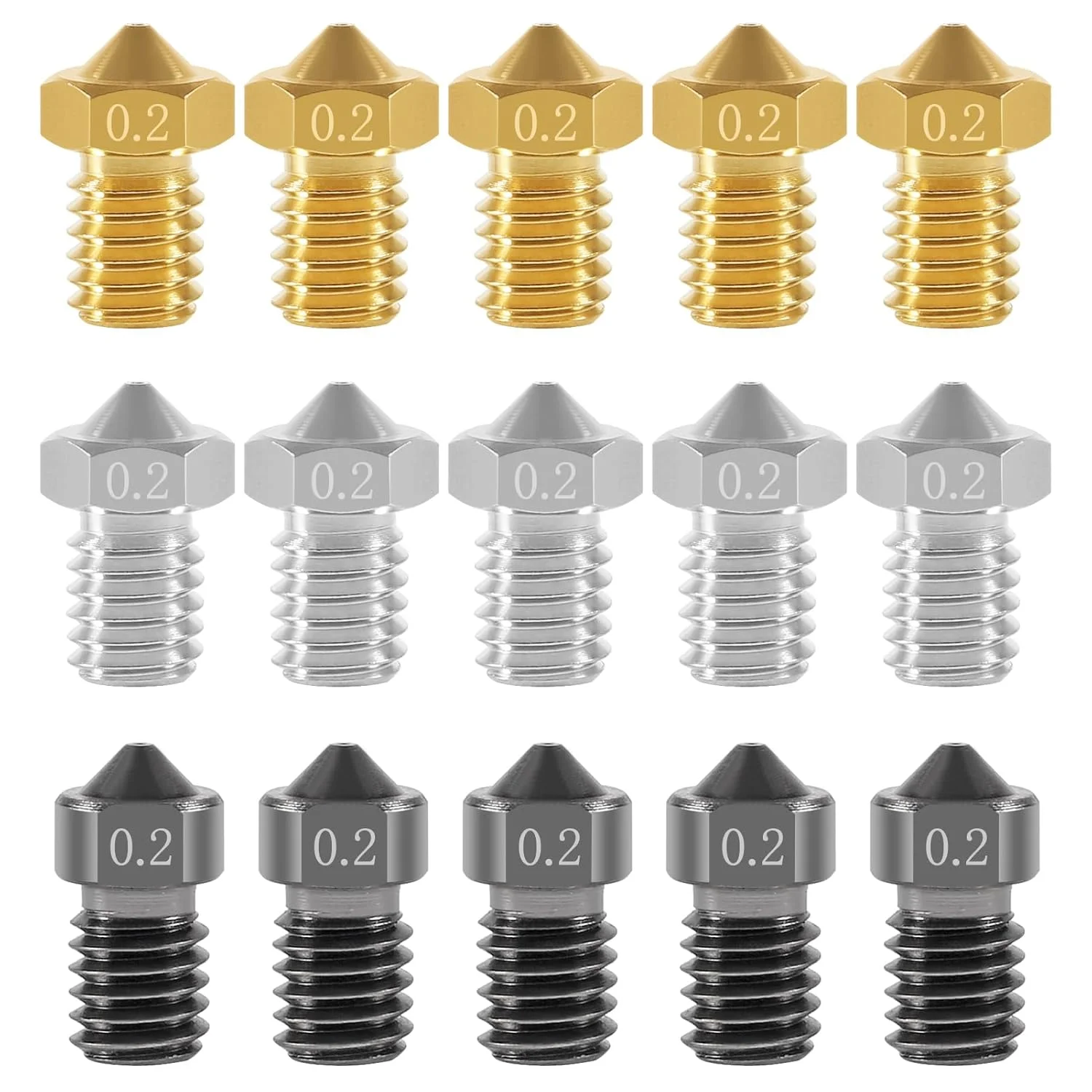 مجموعه نازل 15 عددی UMLIFE M6 0.2mm (5 عدد فولاد سخت شده + 5 عدد استیل ضد زنگ + 5 عدد برنجی) هد چاپ اکسترودر برای فیلامنت 1.75mm پرینتر سه بعدی E3D V5-V6