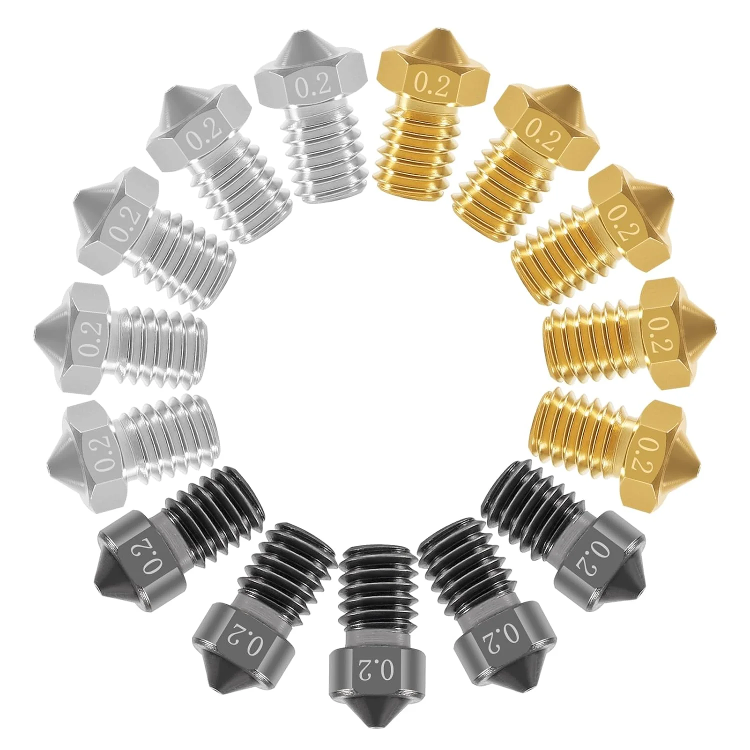 مجموعه نازل 15 عددی UMLIFE M6 0.2mm (5 عدد فولاد سخت شده + 5 عدد استیل ضد زنگ + 5 عدد برنجی) هد چاپ اکسترودر برای فیلامنت 1.75mm پرینتر سه بعدی E3D V5-V6