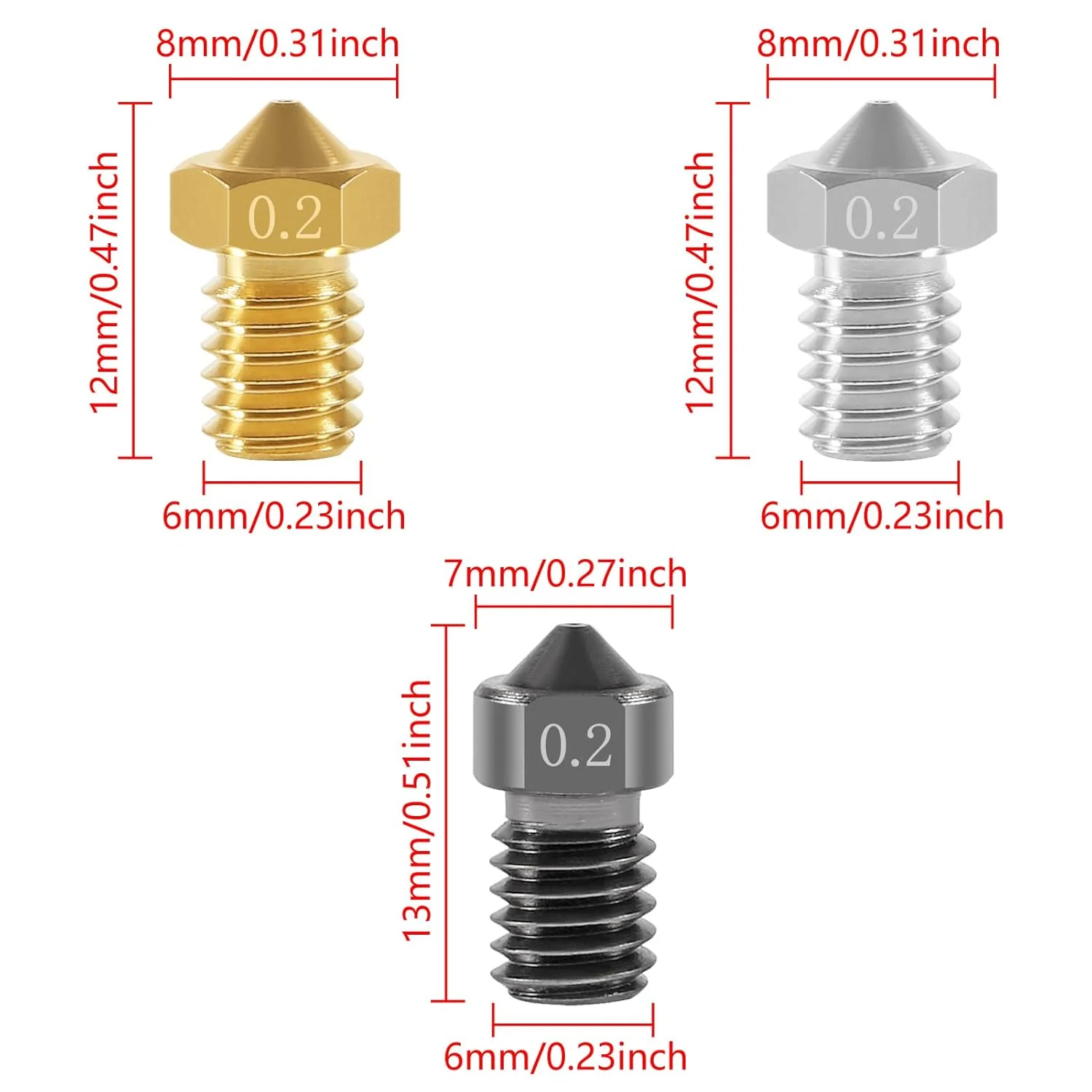مجموعه نازل 15 عددی UMLIFE M6 0.2mm (5 عدد فولاد سخت شده + 5 عدد استیل ضد زنگ + 5 عدد برنجی) هد چاپ اکسترودر برای فیلامنت 1.75mm پرینتر سه بعدی E3D V5-V6