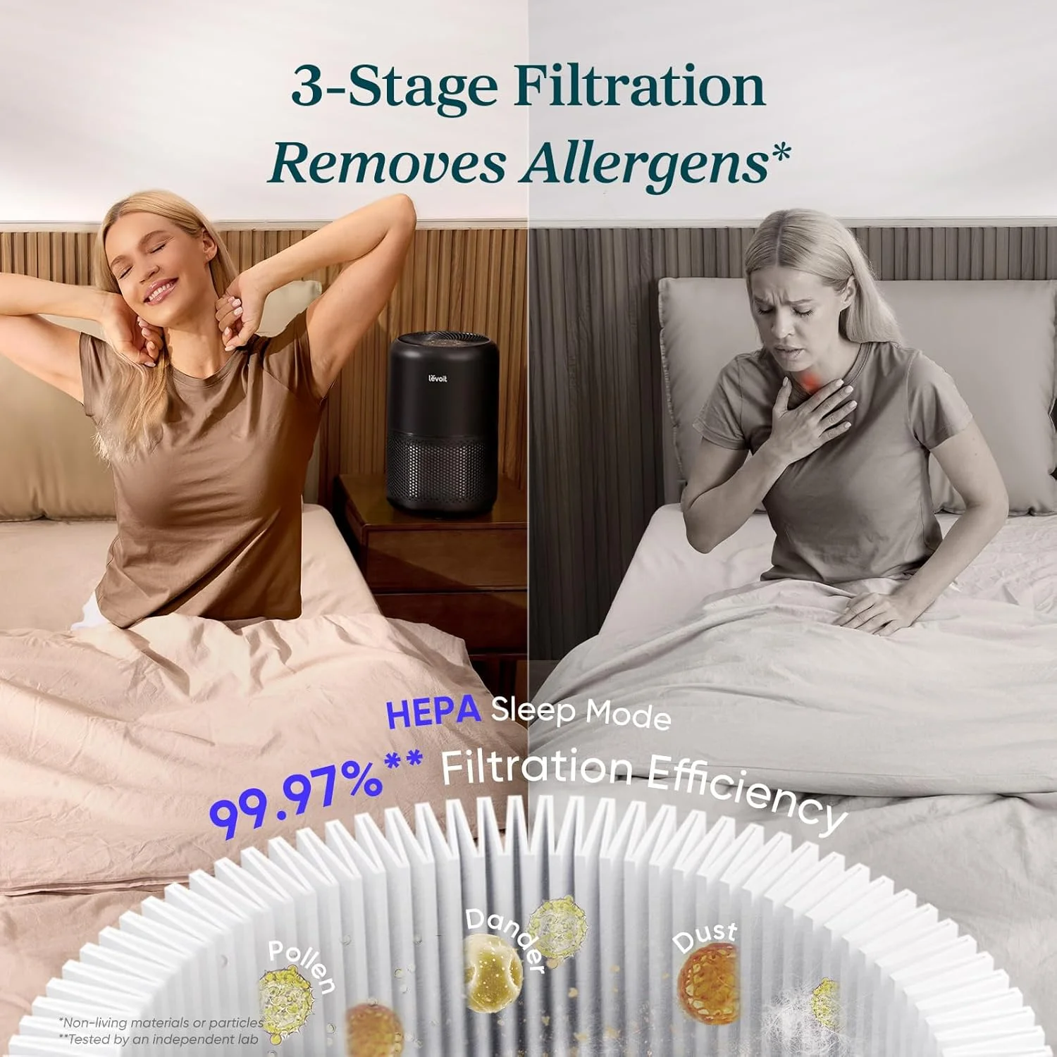 دستگاه تصفیه هوا LEVOIT برای آلرژی و موی حیوانات خانگی مناسب اتاق خواب، پوشش دهی تا 100 متر مربع با موتور 56 واتی، دارای فیلتر 3 در 1 با حالت خواب، حذف گرد و غبار، دود و بو، Core300-P، مشکی