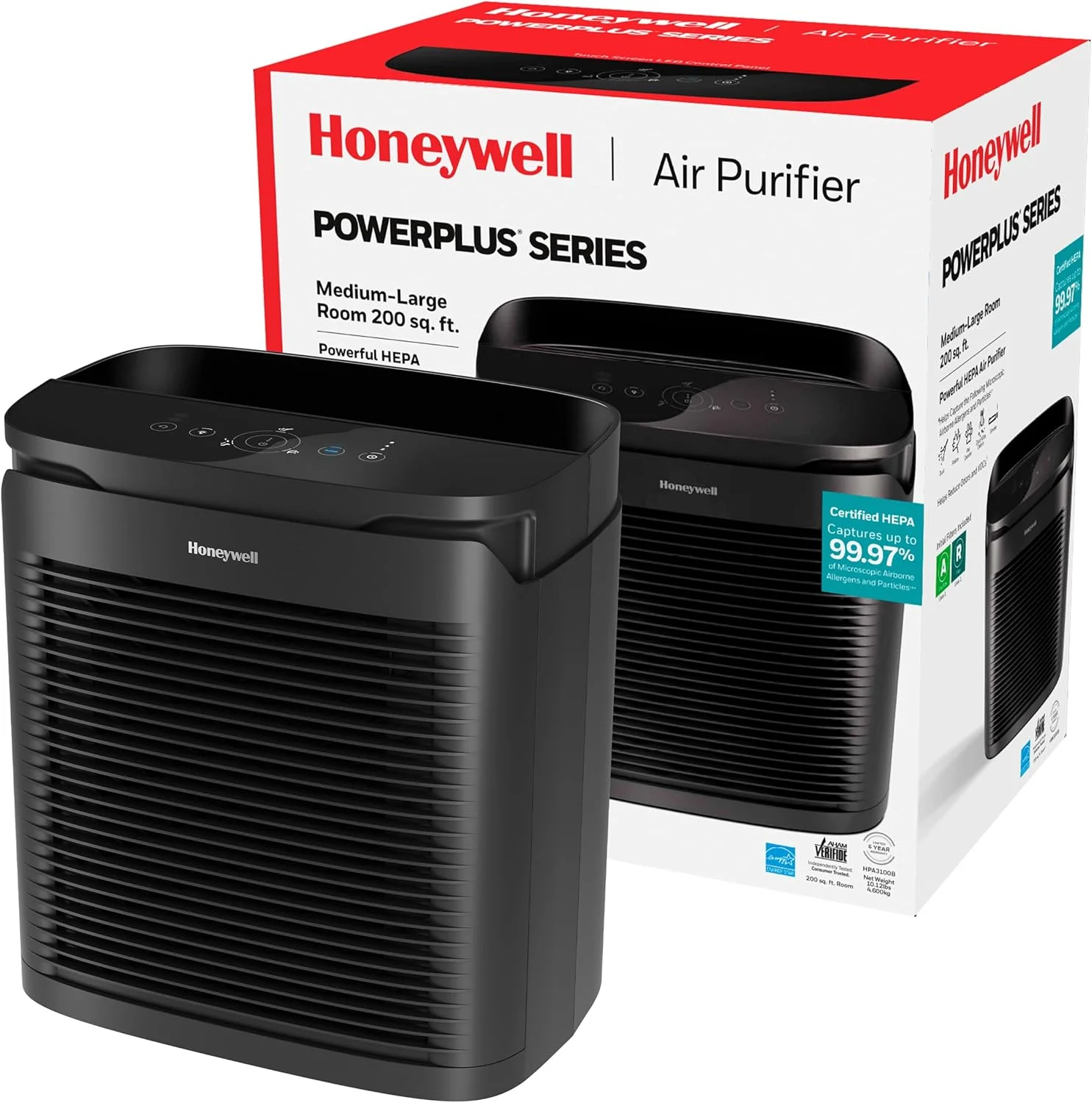 دستگاه تصفیه هوای Honeywell PowerPlus HEPA برای خانه، مناسب برای اتاق های 90 متر مربعی در 1 ساعت، دستگاه تصفیه هوا HEPA که مواد آلرژی زا، گرد و غبار، گرده، انواع دود، شوره حیوانات خانگی و بوها را کاهش می دهد، مشکی، HPA3100