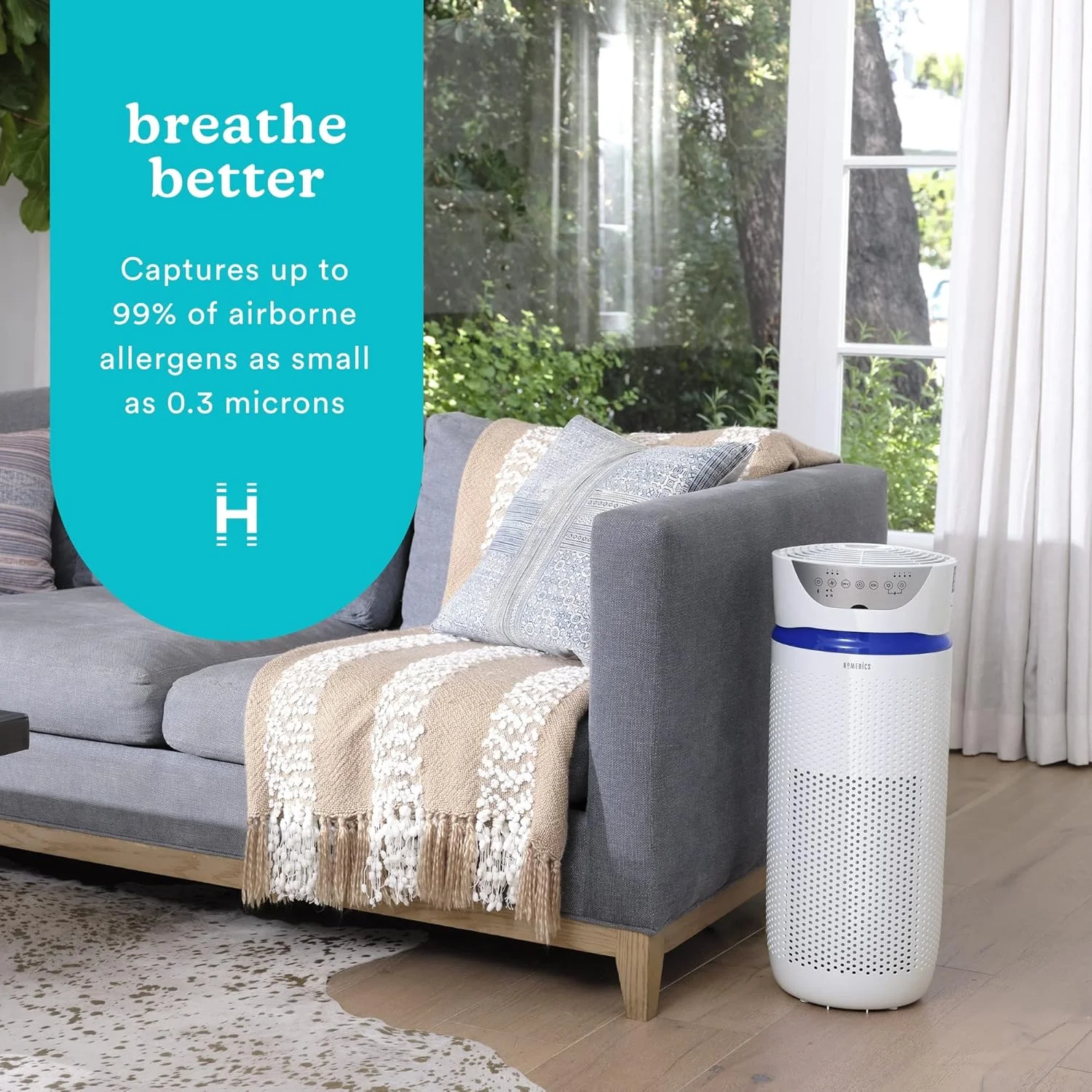 دستگاه تصفیه هوای 5 در 1 Homedics با فیلتر HEPA 360 درجه برای 154 متر مربع، دستگاه تصفیه هوای بسیار بزرگ برای اتاق خواب و خانه، پدهای روغن معطر، تایمر داخلی، 5 تنظیم سرعت برای اتاق های بزرگ، سفید