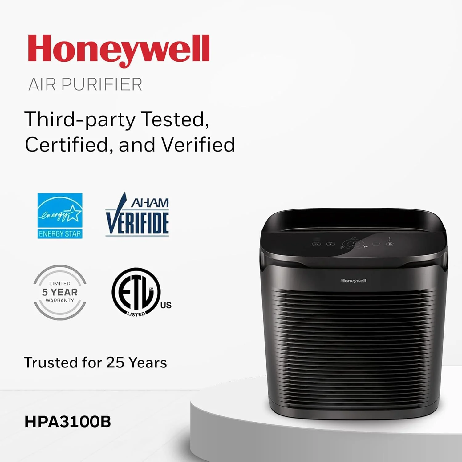 دستگاه تصفیه هوای Honeywell PowerPlus HEPA برای خانه، مناسب برای اتاق های 90 متر مربعی در 1 ساعت، دستگاه تصفیه هوا HEPA که مواد آلرژی زا، گرد و غبار، گرده، انواع دود، شوره حیوانات خانگی و بوها را کاهش می دهد، مشکی، HPA3100