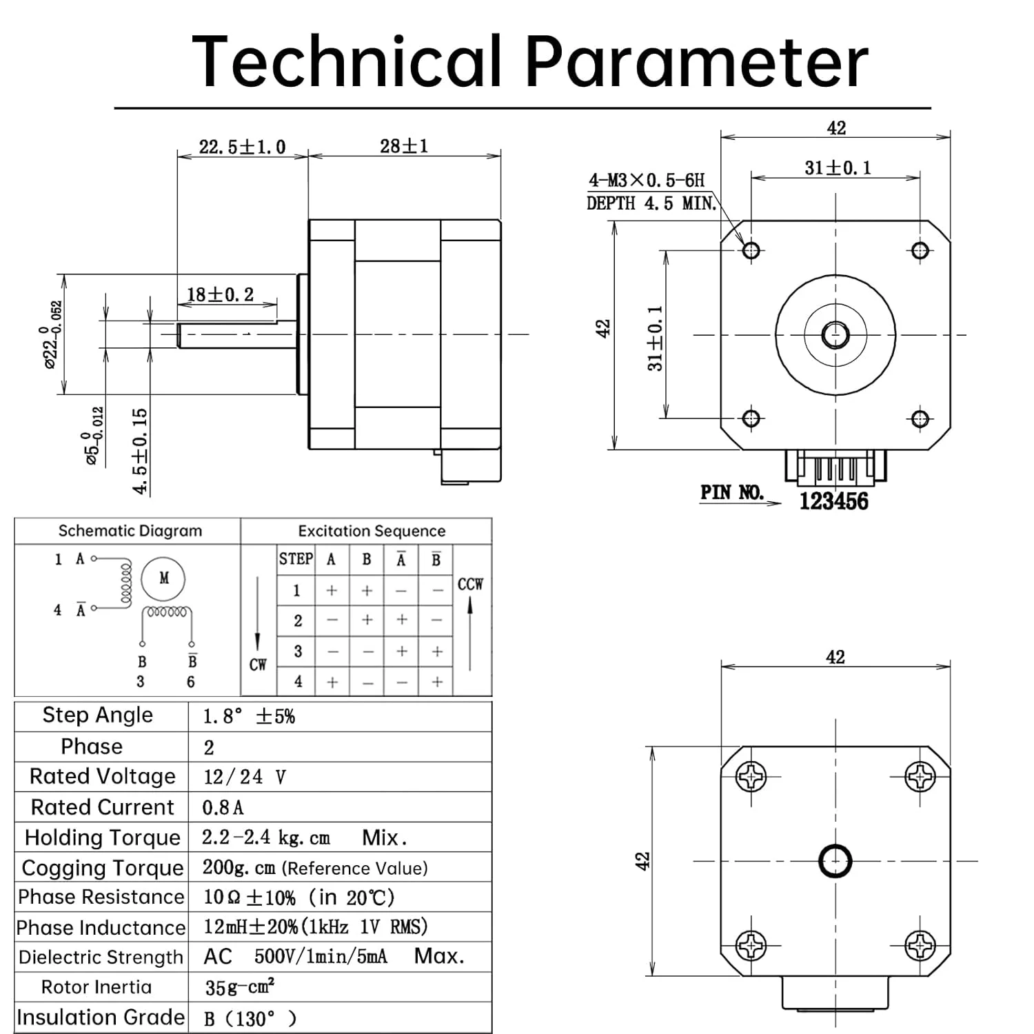 موتور پله ای Nema 17، 28 میلی متر، دو قطبی، 0.8 آمپر، 24N.cm (33oz.in)، 42، 2 فاز، 4 سیم، موتور پله ای دو قطبی 1.8 درجه برای CNC DIY چاپگر سه بعدی با کابل 1 متری و کانکتور