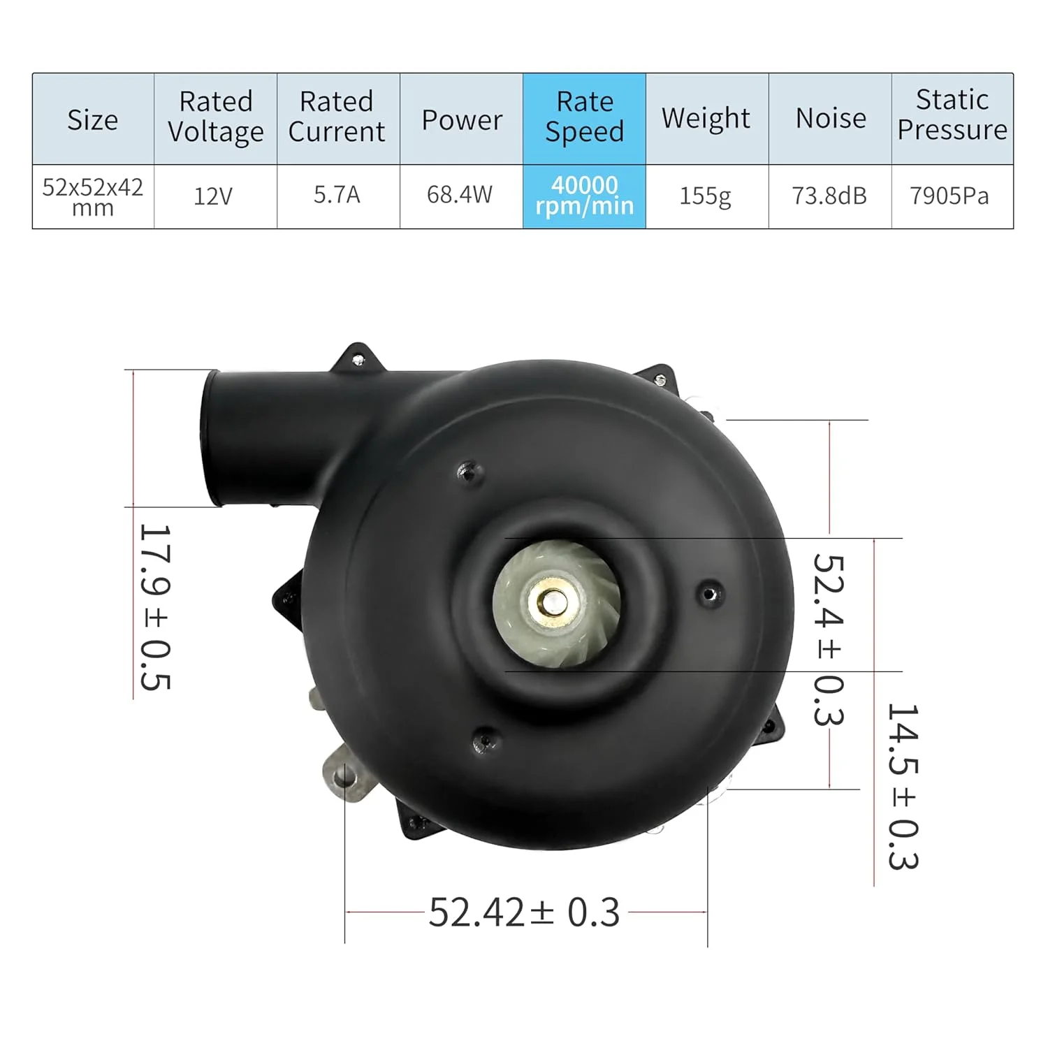 فن دمنده سانتریفیوژ براشلس BA7050H12B-C، 12 ولت، کم صدا، فشار بالا، طراحی فشرده برای سیستم های خلاء، پرینترهای سه بعدی، ماشین های بالشتک هوا
