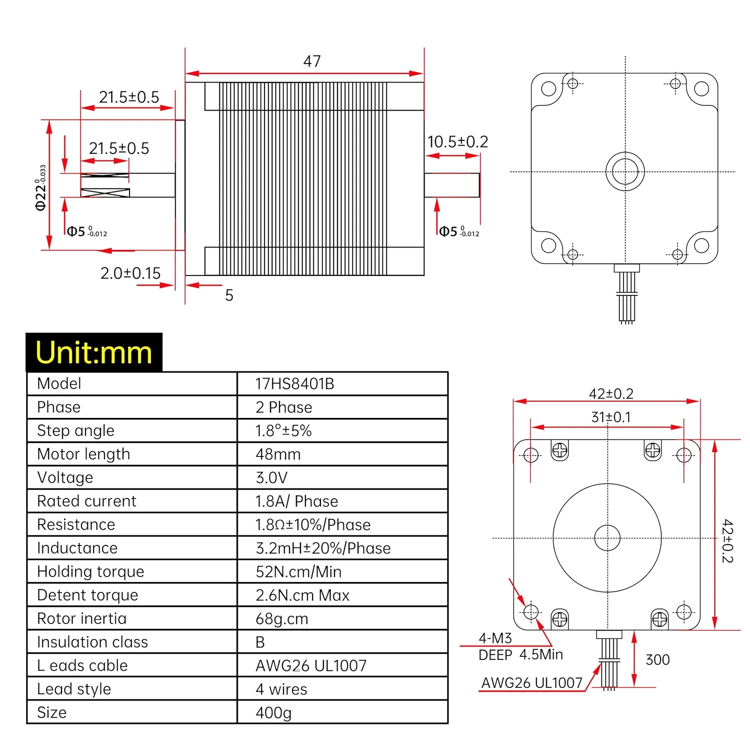 موتور پله ای دو شفت Nema17، 52 Ncm، 48 میلی متر 1.8 درجه، 1.8 آمپر برای پرینتر سه بعدی/ربات/دستگاه فرز CNC (17HS8401B)