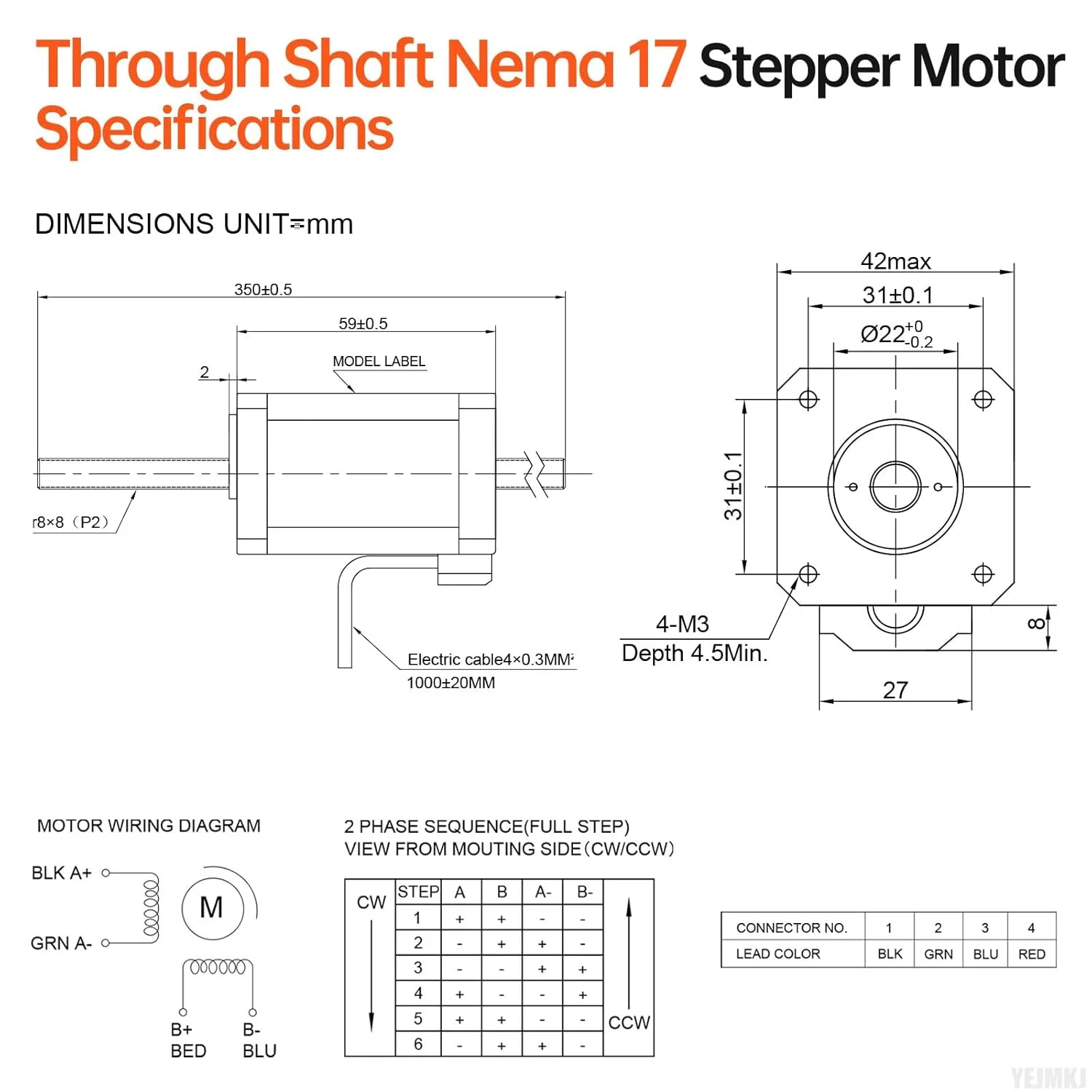 موتور پله‌ای Nema 17 شفت عبوری TR8x8 350mm، دو فاز، 1.8 درجه، گشتاور بالا 0.7Nm (99.13oz·in)، دو قطبی 2.5A، 1.5Ω، 59mm، موتور 42 پله‌ای با کابل T8 350mm به طول 1 متر برای پرینتر سه بعدی، ربات DIY و CNC