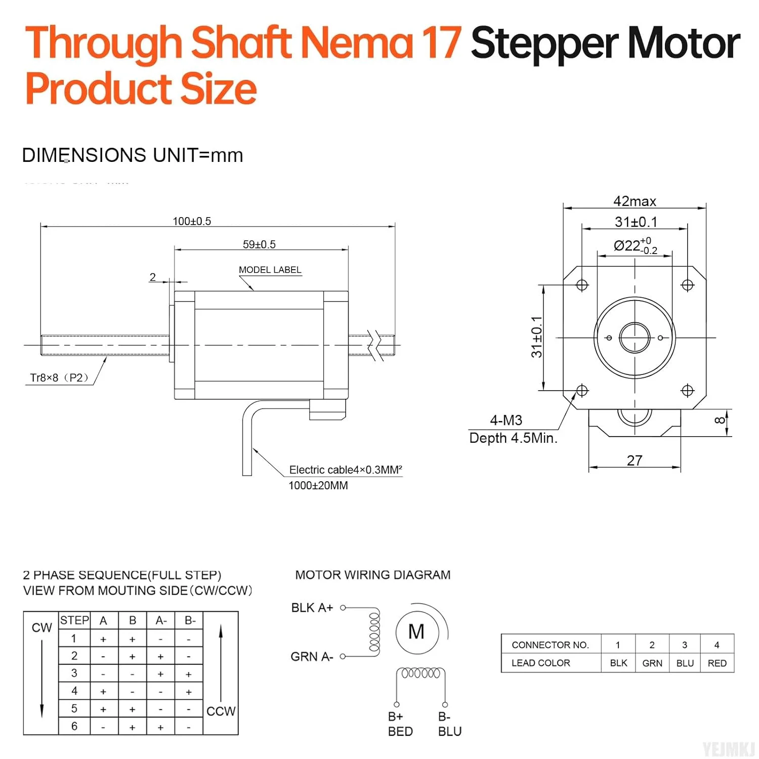 موتور پله‌ای Nema 17 شفت عبوری TR8x8 100mm 1.8 درجه 2 فاز گشتاور بالا 0.7Nm (99.13oz·in) دوقطبی 2.5A 1.5Ω 59mm موتور پله‌ای 42 با کابل T8 100mm به طول 1 متر برای پرینتر سه بعدی، ربات DIY و CNC
