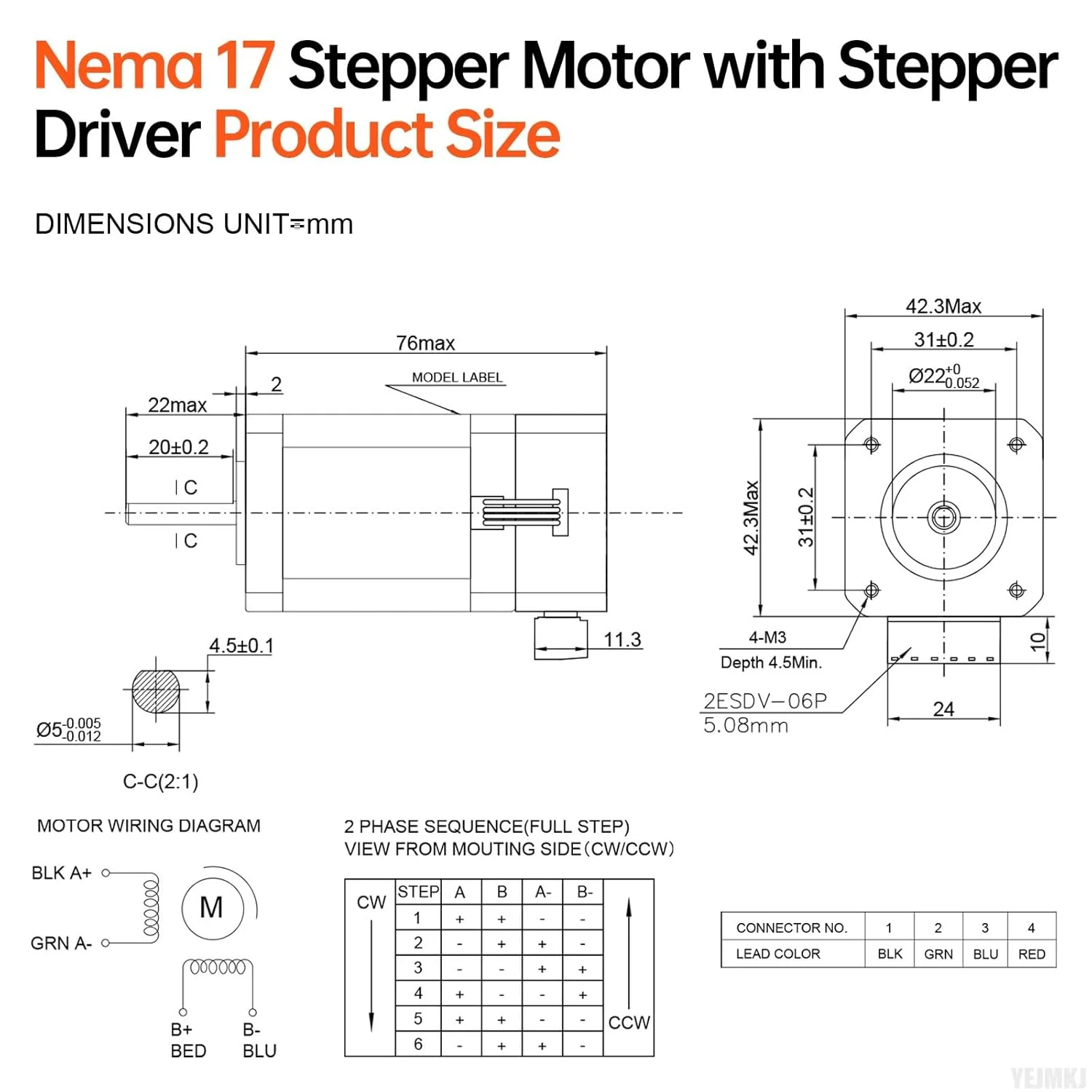 موتور پله ای Nema 17 با درایور پله ای یکپارچه 1.8 درجه 2 فاز گشتاور بالا 0.7 نیوتن متر دوقطبی 2.5 آمپر 1.5 اهم 76 میلی متر موتور پله ای 42 با کنترلر برای پرینتر سه بعدی ربات DIY دستگاه CNC