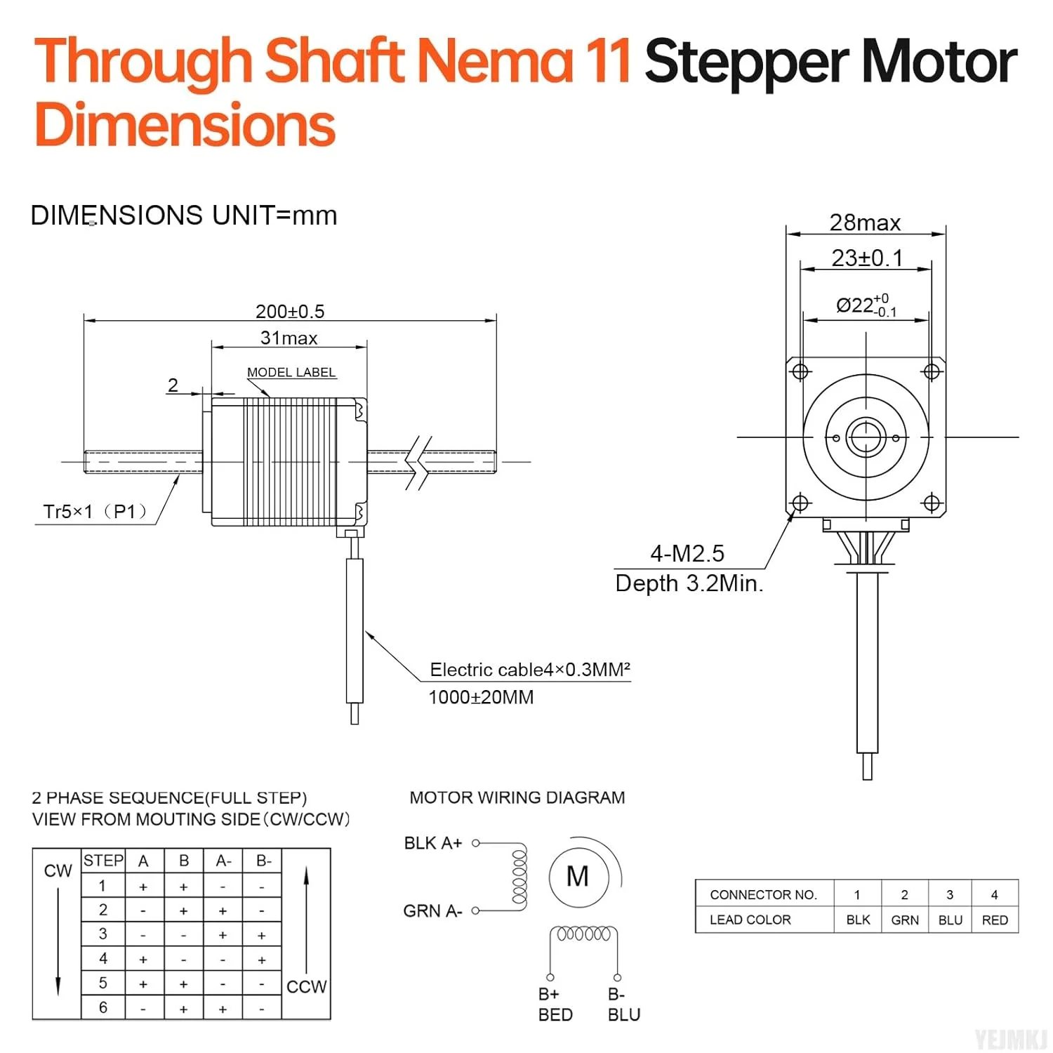 موتور پله‌ای Nema 11 با شفت عبوری TR5x1 200mm، دو فاز، 1.8 درجه، گشتاور بالا 6Ncm (8.5oz·in)، دوقطبی 1.0A، 2.9Ω، 31mm، موتور 28 مرحله‌ای با کابل T5 200mm به طول 1 متر برای پرینتر سه بعدی، ربات DIY، CNC