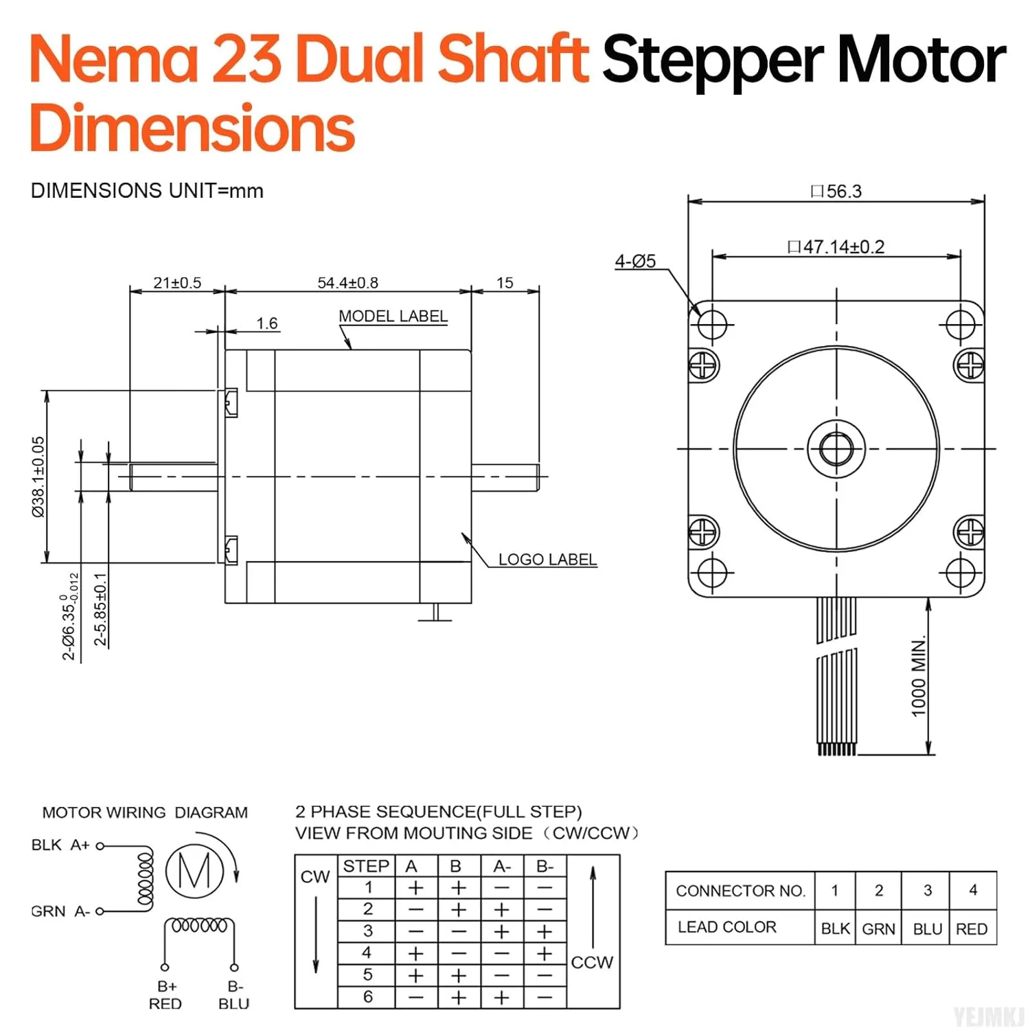 موتور پله‌ای Nema 23 دو شفت با گشتاور بالا 1.8 درجه 2 فاز تک قطبی دو قطبی 2.1 آمپر 1.2 اهم 55 میلی‌متر 8 سیم دو شفت φ6.35 میلی‌متر 57 استپ موتور به همراه کابل 1 متری برای دستگاه CNC، پرینتر سه بعدی، ربات DIY