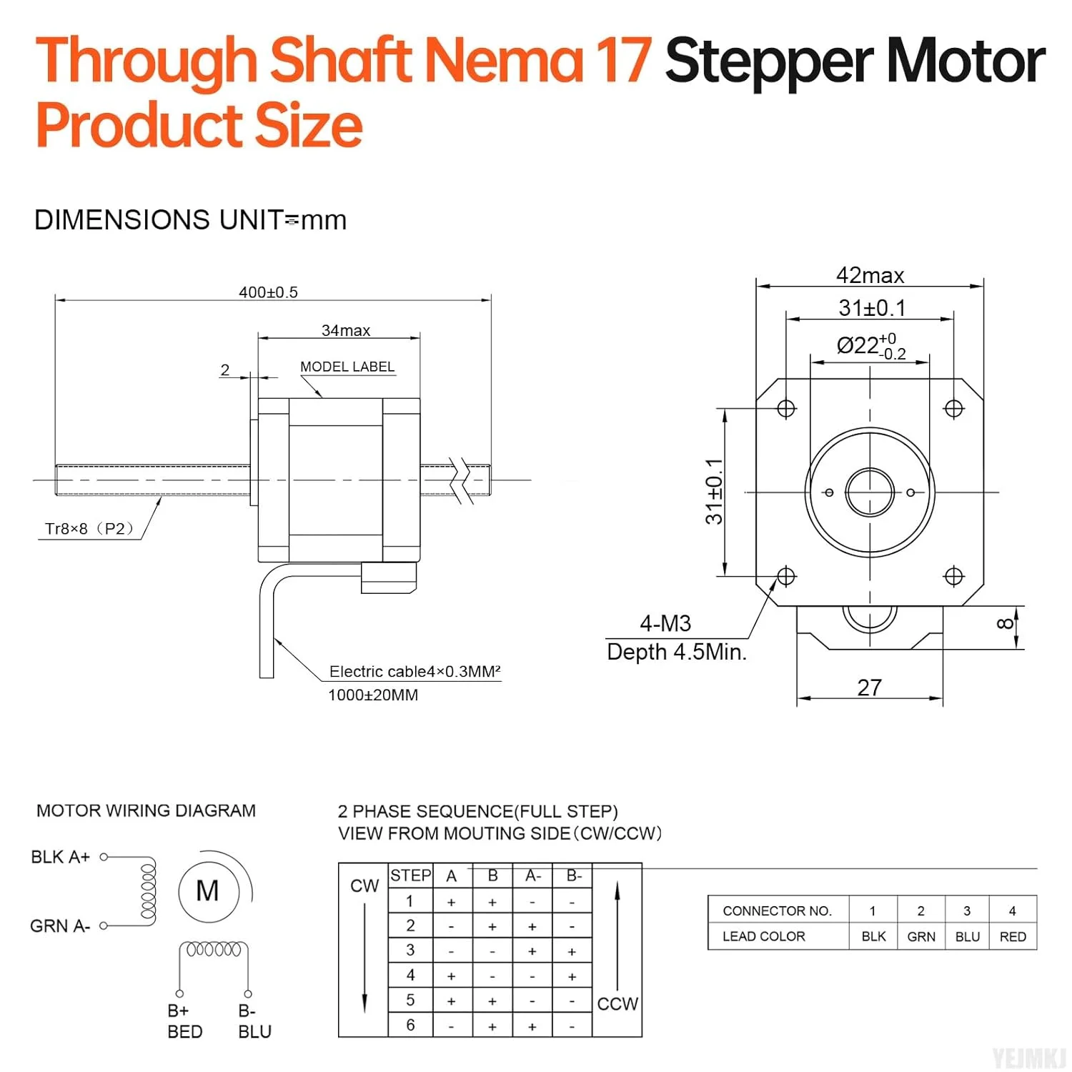 موتور پله‌ای Nema 17 شفت عبوری TR8x8 400mm، دو فاز، 1.8 درجه، گشتاور بالا 0.3Nm، دو قطبی 1.5A، 2.7Ω، 34mm، موتور 42 پله‌ای با کابل T8 400mm به طول 1 متر برای پرینتر سه بعدی، ربات DIY و CNC