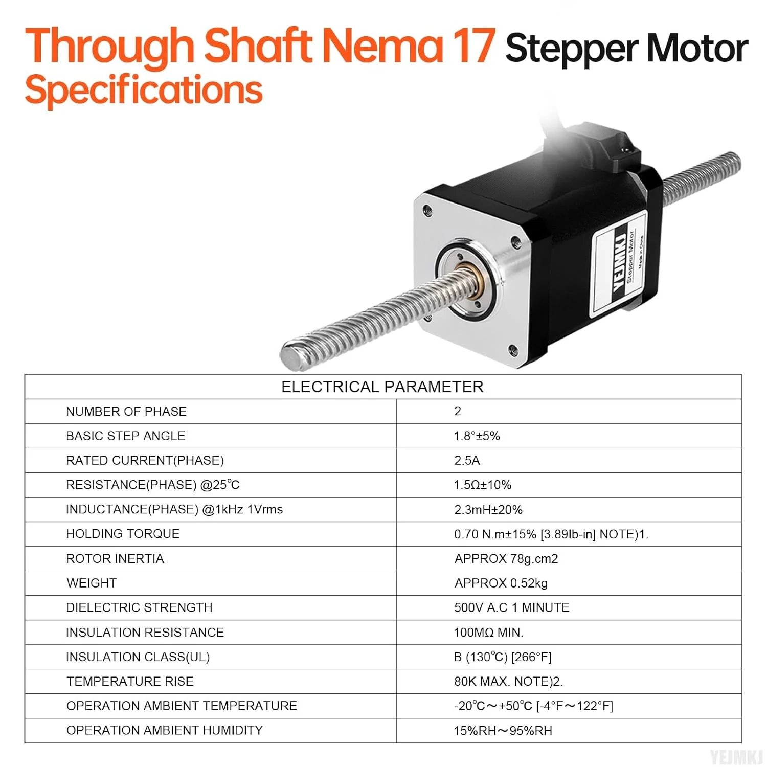 موتور پله‌ای Nema 17 شفت عبوری TR8x8 200mm، دو فاز، 1.8 درجه، گشتاور بالا 0.7Nm (99.13oz·in)، دوقطبی 2.5A، 1.5Ω، 59mm، موتور 42 پله با کابل T8 200mm به طول 1 متر برای پرینتر سه بعدی، ربات DIY و CNC