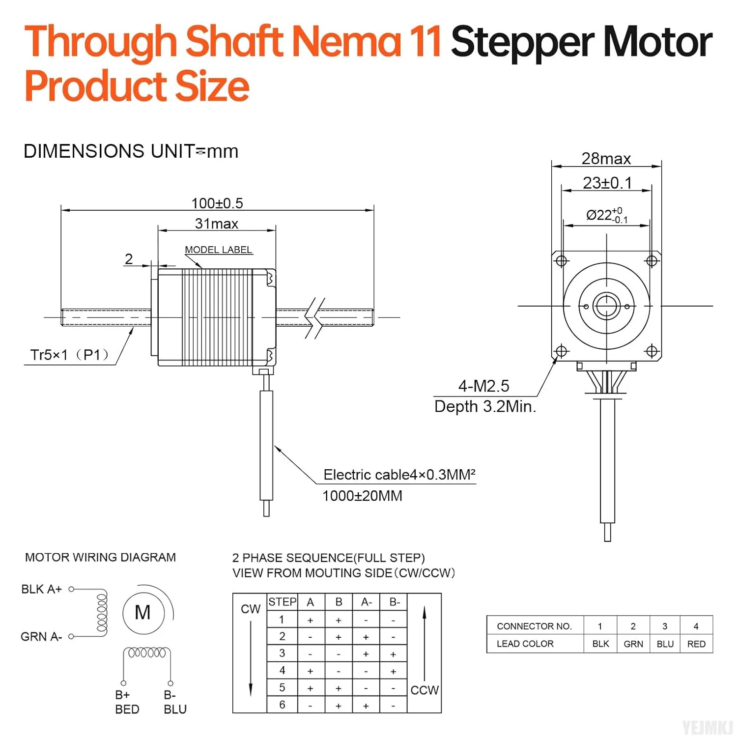 موتور پله‌ای Nema 11 با شفت عبوری TR5x1 100mm، 1.8 درجه، 2 فاز، گشتاور بالا 6Ncm (8.5oz·in)، دوقطبی 1.0A، 2.9Ω، 31mm، موتور 28 پله‌ای با کابل T5 100mm به طول 1 متر برای پرینتر سه بعدی، ربات DIY، CNC
