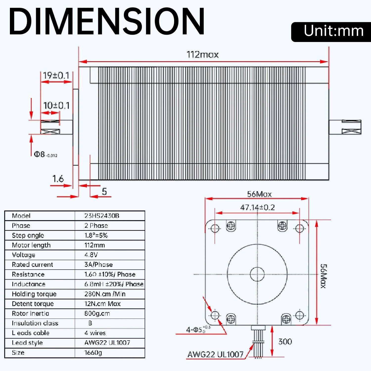 موتور پله ای دو شفت 23HS2430B Nema23، 280 Ncm، 112mm، 1.8 درجه، 3A با 4 سیم برای پرینتر سه بعدی/ربات/دستگاه فرز CNC/دستگاه حکاکی