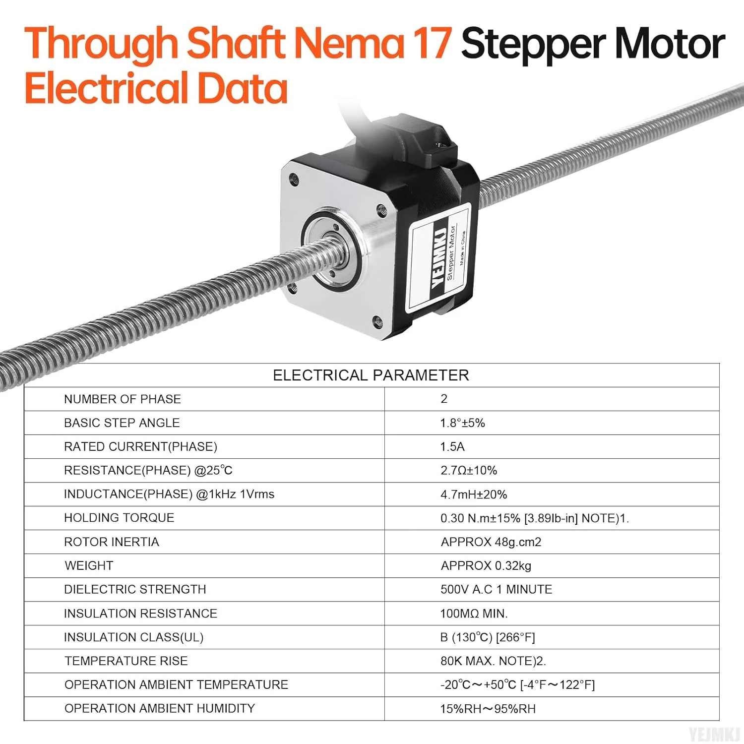 موتور پله‌ای Nema 17 شفت عبوری TR8x8 400mm، دو فاز، 1.8 درجه، گشتاور بالا 0.3Nm، دو قطبی 1.5A، 2.7Ω، 34mm، موتور 42 پله‌ای با کابل T8 400mm به طول 1 متر برای پرینتر سه بعدی، ربات DIY و CNC