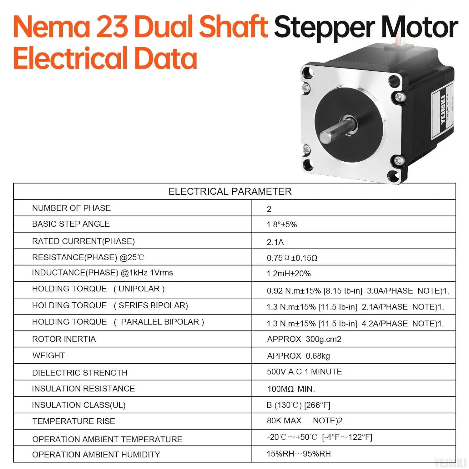 موتور پله‌ای Nema 23 دو شفت با گشتاور بالا 1.8 درجه 2 فاز تک قطبی دو قطبی 2.1 آمپر 1.2 اهم 55 میلی‌متر 8 سیم دو شفت φ6.35 میلی‌متر 57 استپ موتور به همراه کابل 1 متری برای دستگاه CNC، پرینتر سه بعدی، ربات DIY