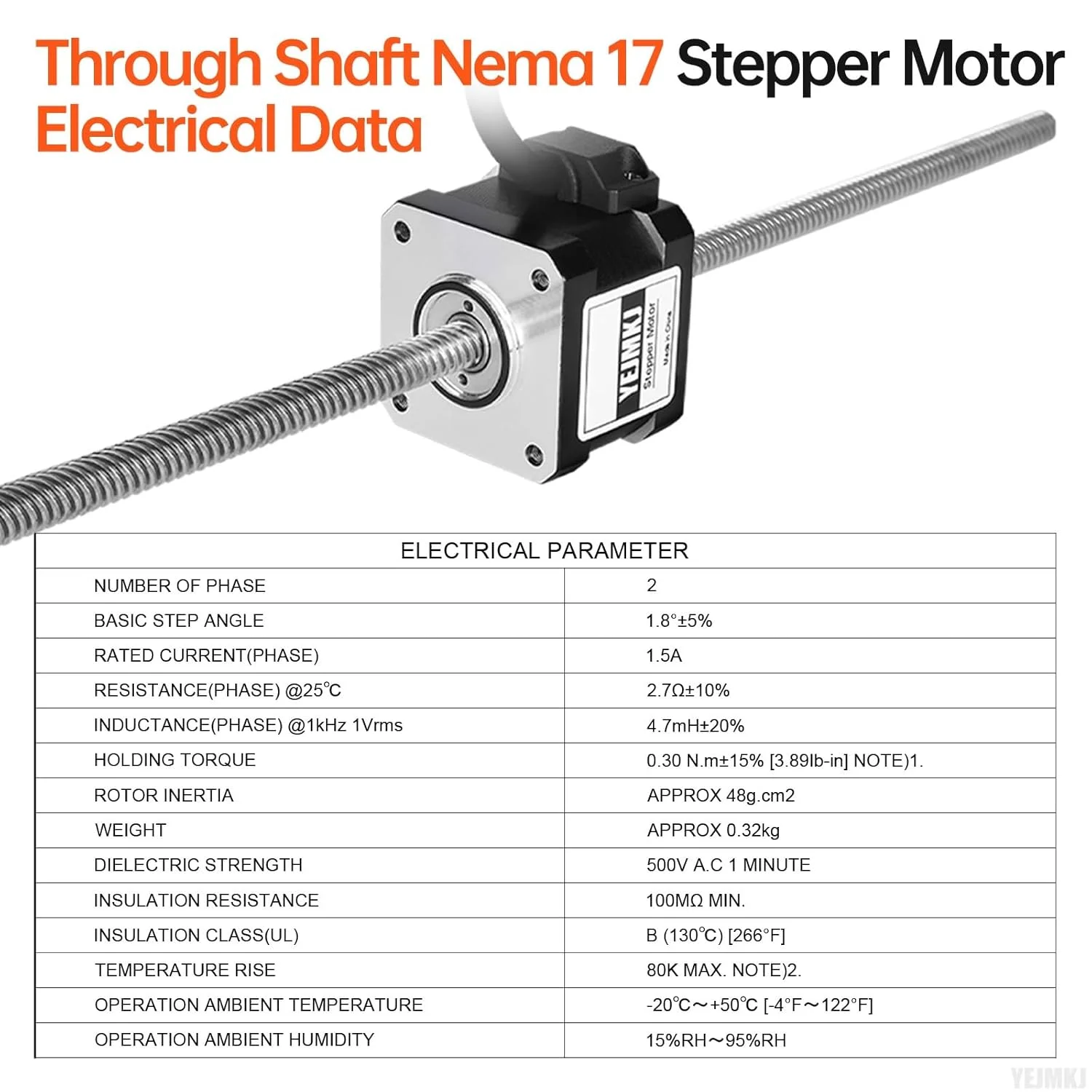 موتور پله‌ای Nema 17 شفت عبوری TR8x8 300mm 1.8 درجه 2 فاز گشتاور بالا 0.3Nm (42.48oz·in) دوقطبی 1.5A 2.7Ω 34mm موتور پله‌ای 42 با کابل T8 300mm به طول 1 متر برای پرینتر سه بعدی، ربات DIY و CNC