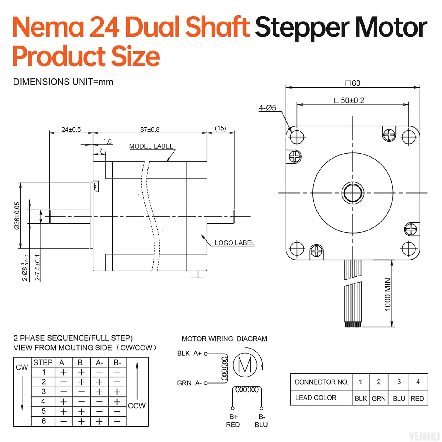 موتور پله ای دو شفت Nema 24 با گشتاور بالا 1.8 درجه 2 فاز تک قطبی دو قطبی 2.7 آمپر 1.0 اهم 87 میلی متر 8 سیم دو شفت φ8 میلی متر 60 استپ به همراه کابل 1 متری برای دستگاه CNC، پرینتر سه بعدی و ربات های DIY