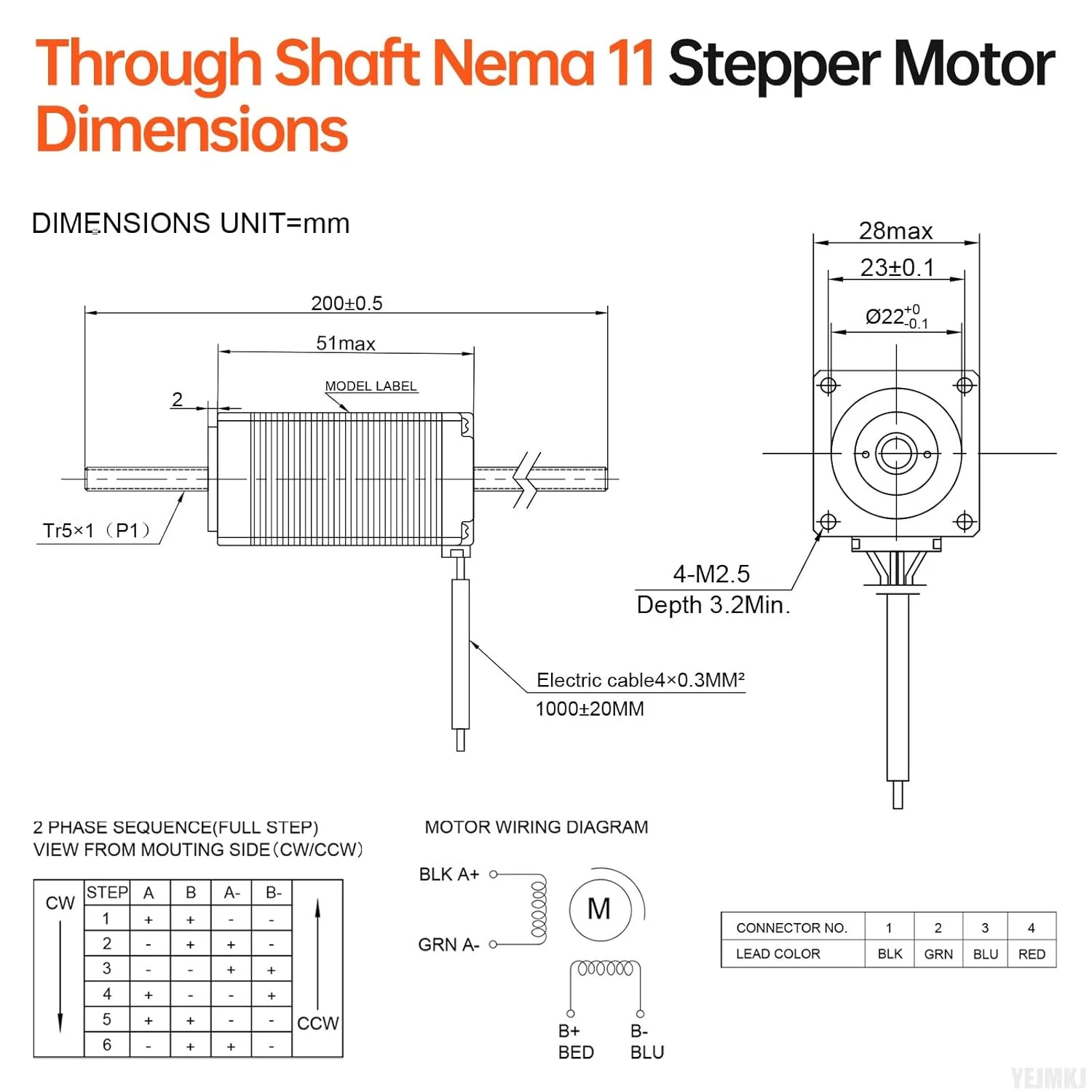 موتور پله‌ای Nema 11 با شفت عبوری TR5x1 200mm، 1.8 درجه، 2 فاز، گشتاور بالا 11Ncm (15.58oz·in)، دوقطبی 1.2A، 7.0Ω، 51mm، موتور 28 پله با کابل T5 200mm به طول 1 متر برای پرینتر سه بعدی، ربات DIY و CNC