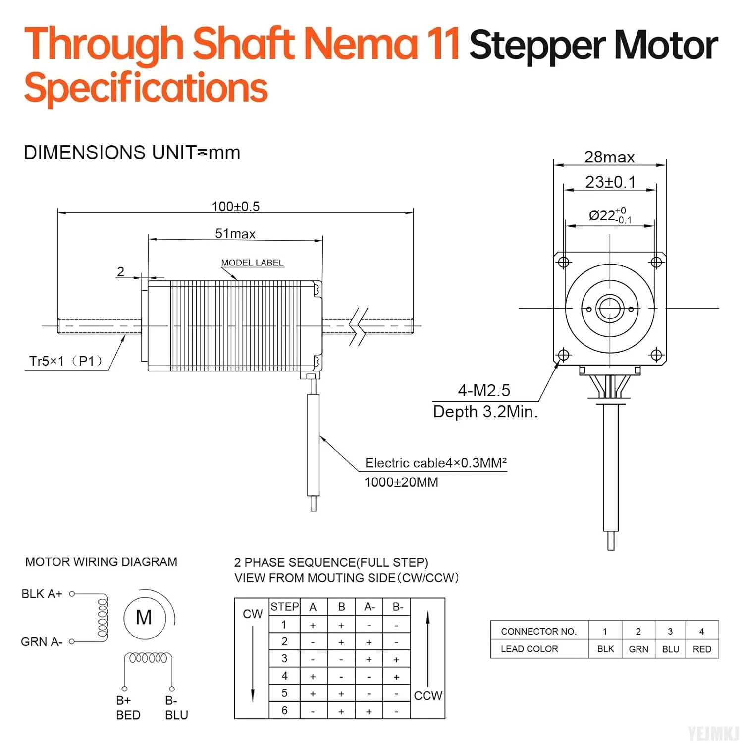موتور پله ای Nema 11 با شفت عبوری TR5x1 100mm، دو فاز، 1.8 درجه، گشتاور بالا 11Ncm (15.58oz·in)، دو قطبی 1.2A، 7.0Ω، 51mm، 28 استپ، به همراه کابل T5 100mm به طول 1 متر برای پرینتر سه بعدی، ربات DIY و CNC