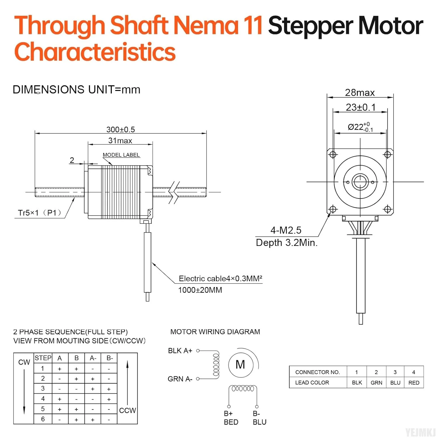 موتور پله‌ای Nema 11 با شفت عبوری TR5x1 300mm، 1.8 درجه، 2 فاز، گشتاور بالا 6Ncm (8.5oz·in)، دو قطبی 1.0A، 2.9Ω، 31mm، 28 استپ، به همراه کابل T5 300mm به طول 1 متر برای پرینتر سه بعدی، ربات DIY و CNC