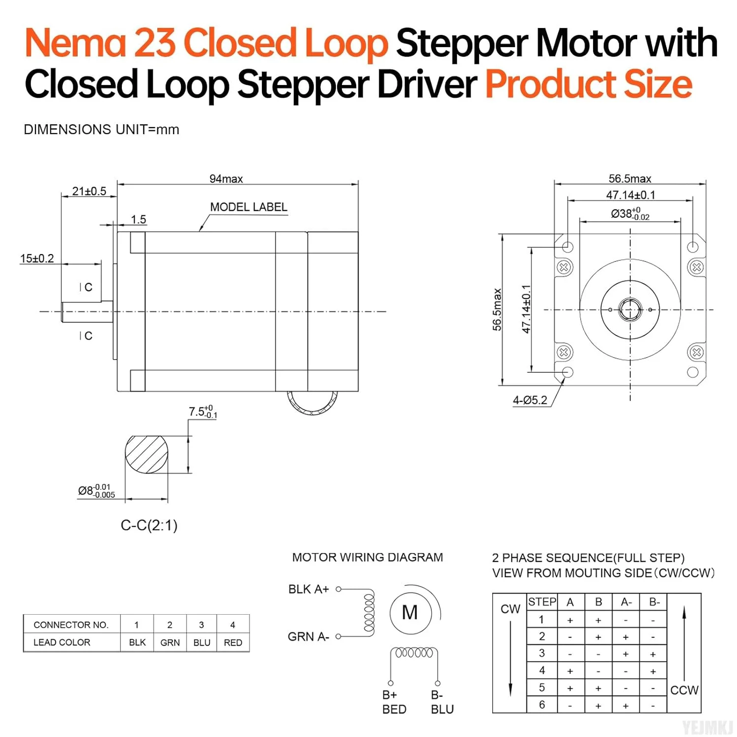 موتور پله‌ای حلقه بسته Nema 23 با درایور یکپارچه حلقه بسته، 1.8 درجه، 2 فاز، 1.8 نیوتن‌متر (254.9 اونس-اینچ)، گشتاور بالا، دو قطبی 0.45 اهم، 4.0 آمپر، کابل 94 میلی‌متری 0.3 متری برای دستگاه CNC فرز و تراش