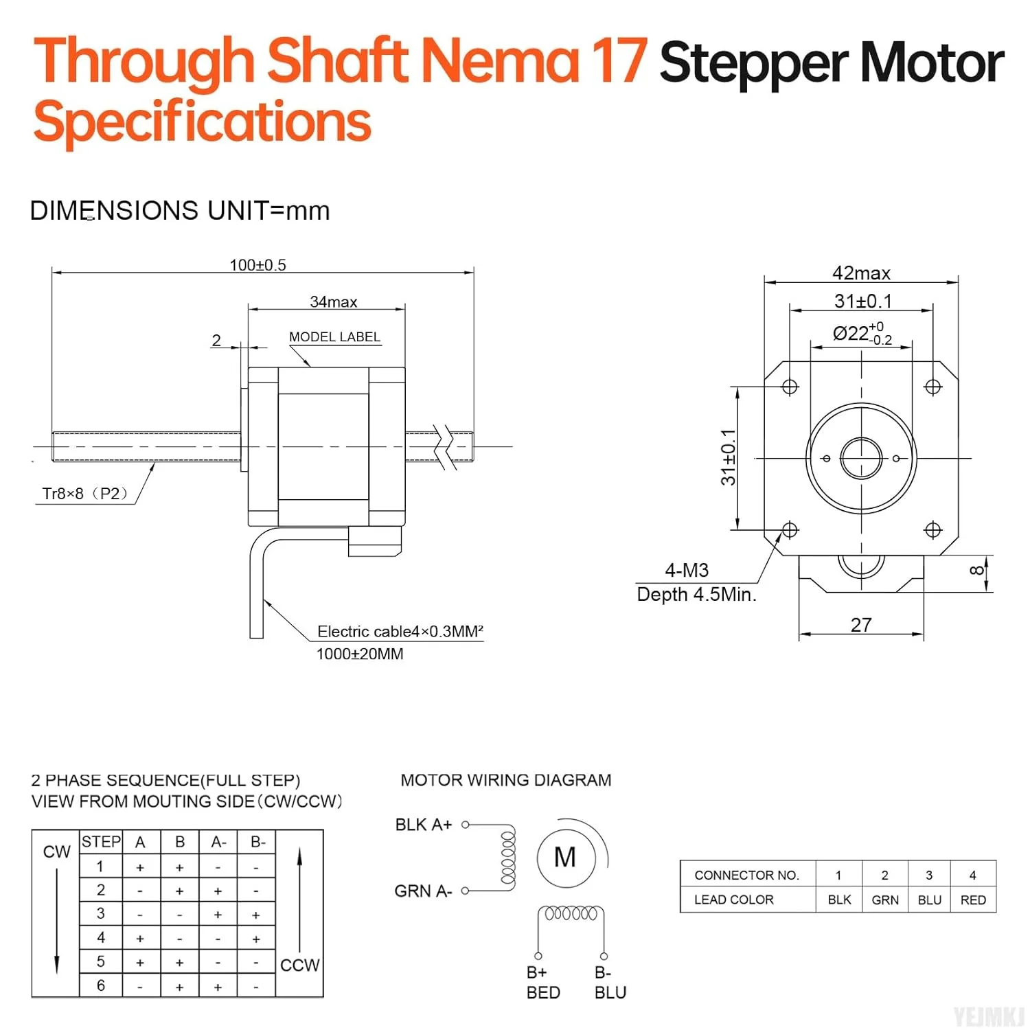 موتور پله‌ای Nema 17 شفت عبوری TR8x8 100mm 1.8 درجه 2 فاز گشتاور بالا 0.3Nm (42.48oz·in) دوقطبی 1.5A 2.7Ω 34mm موتور پله‌ای 42 با کابل T8 100mm 1M برای پرینتر سه بعدی ربات DIY CNC