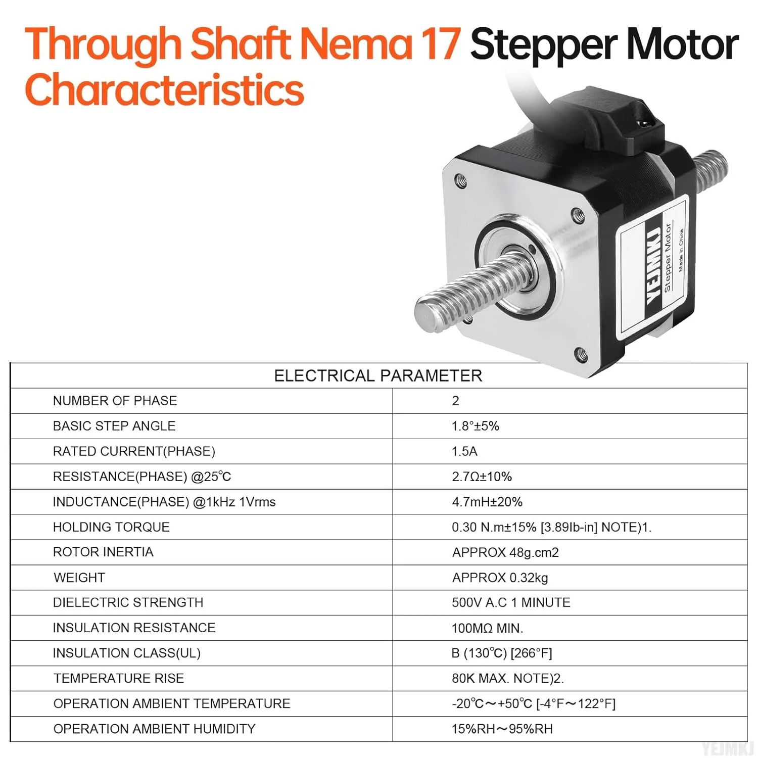 موتور پله‌ای Nema 17 شفت عبوری TR8x8 100mm 1.8 درجه 2 فاز گشتاور بالا 0.3Nm (42.48oz·in) دوقطبی 1.5A 2.7Ω 34mm موتور پله‌ای 42 با کابل T8 100mm 1M برای پرینتر سه بعدی ربات DIY CNC