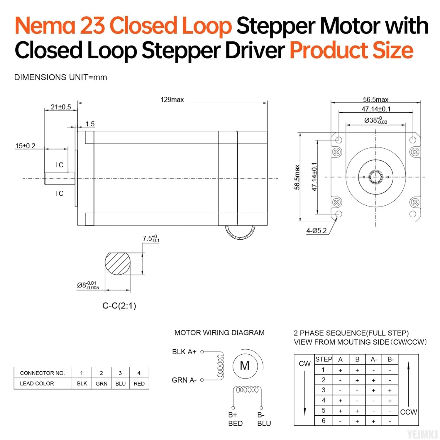 موتور پله‌ای حلقه بسته Nema 23 با درایور یکپارچه حلقه بسته، 1.8 درجه، 2 فاز، 3 نیوتن‌متر (424.84 اونس-اینچ)، گشتاور بالا، دو قطبی 0.70Ω، 4.2 آمپر، کابل 129 میلی‌متری 0.3 متری برای دستگاه CNC فرز و تراش