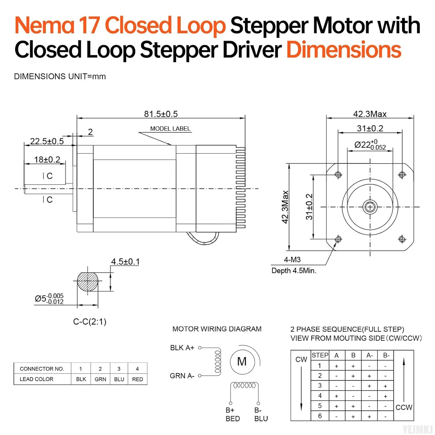 موتور پله‌ای حلقه بسته Nema 17 با درایور حلقه بسته یکپارچه، 1.8 درجه، 2 فاز، 0.7 نیوتن‌متر، گشتاور بالا، دوقطبی 1.5 اهم، 2.0 آمپر، کابل 82 میلی‌متری 0.3 متری برای پرینتر سه بعدی، ربات DIY