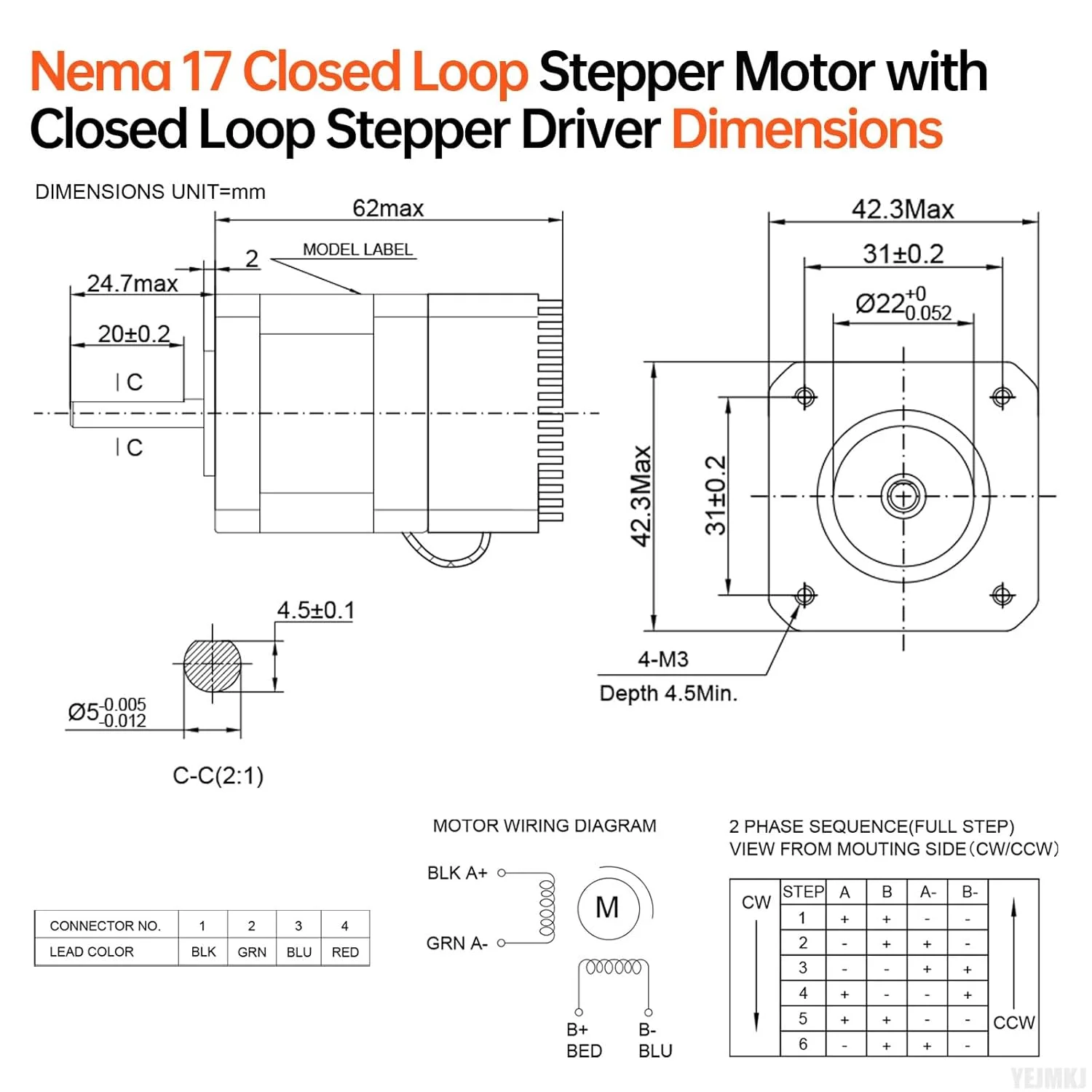 موتور پله‌ای حلقه بسته Nema 17 با درایور حلقه بسته یکپارچه، 2 فاز، 1.8 درجه، گشتاور بالا 0.44 نیوتن‌متر، دو قطبی 2.0 آمپر، 1.5 اهم، کابل 62 میلی‌متری 0.3 متری برای پرینتر سه بعدی، ربات DIY